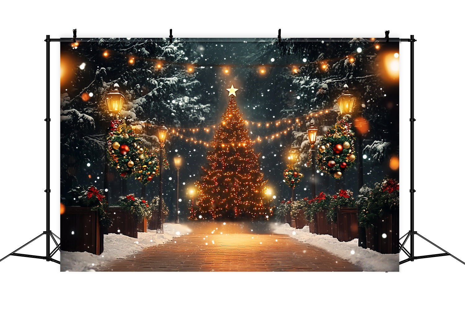 Weihnachtsbaum Bauernhof Foto Hintergrund Magical Snowy Tree Lights Weihnachten Fotohintergrund LXX58-51