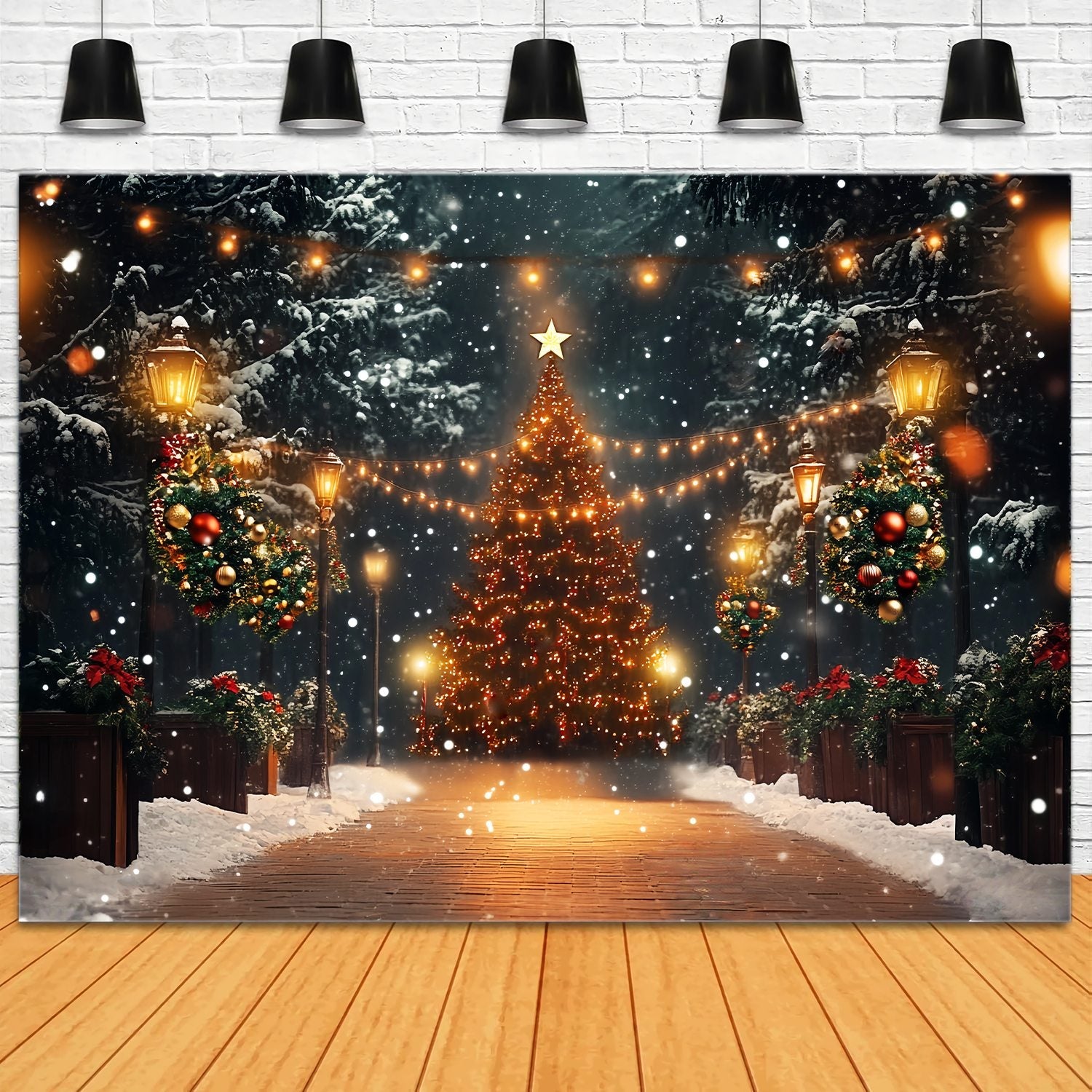 Weihnachtsbaum Bauernhof Foto Hintergrund Magical Snowy Tree Lights Weihnachten Fotohintergrund LXX58-51