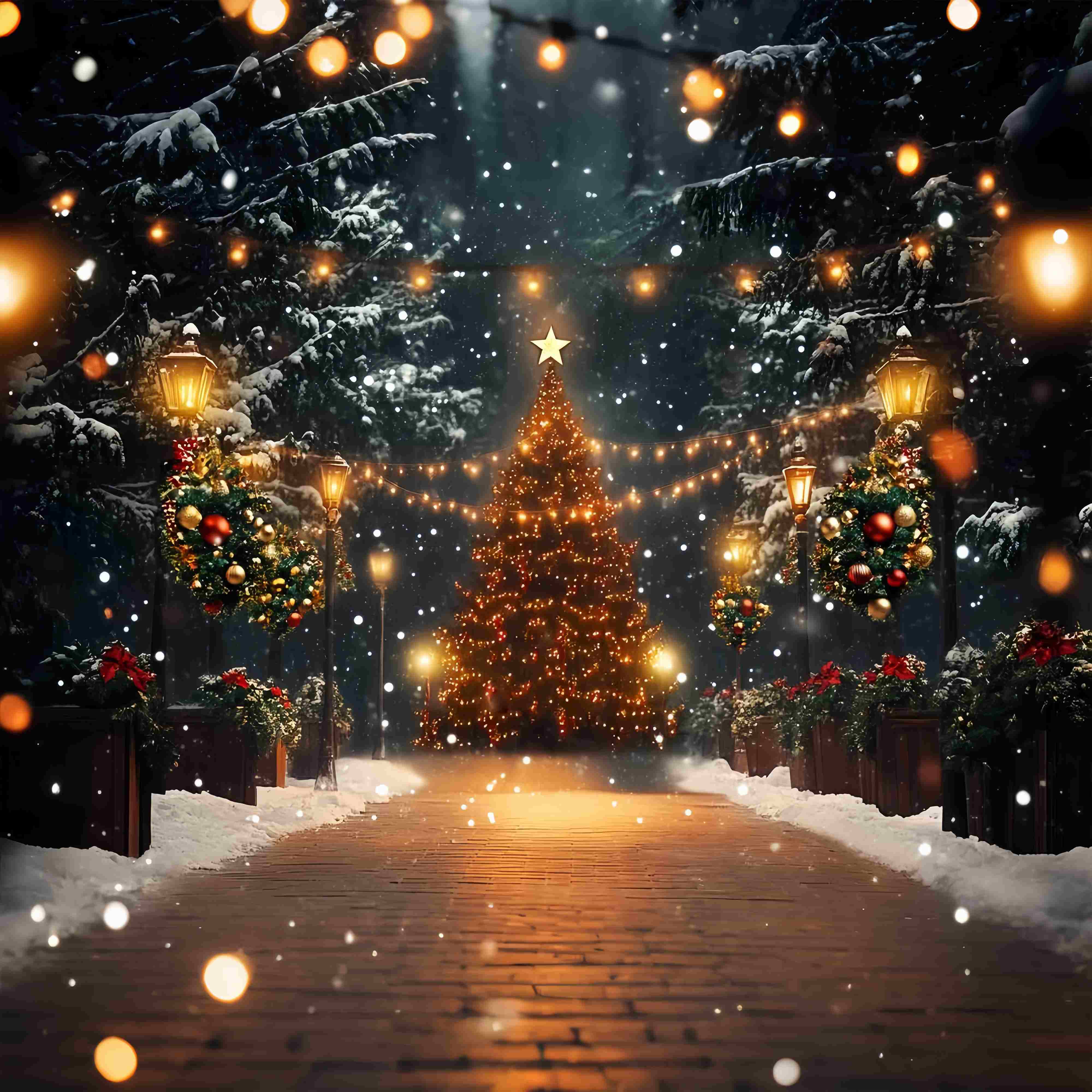 Weihnachtsbaum Bauernhof Foto Hintergrund Magical Snowy Tree Lights Weihnachten Fotohintergrund LXX58-51