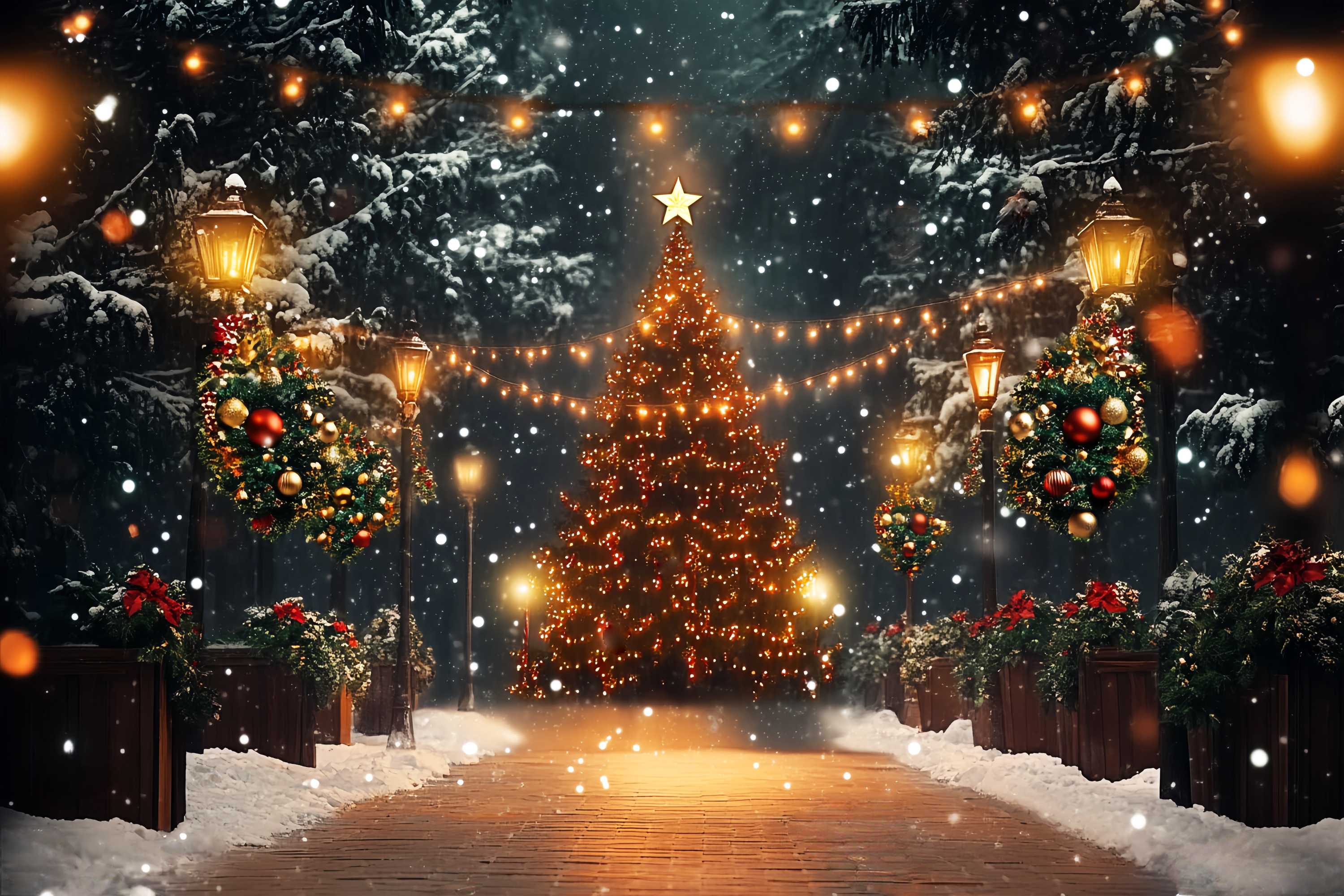 Weihnachtsbaum Bauernhof Foto Hintergrund Magical Snowy Tree Lights Weihnachten Fotohintergrund LXX58-51