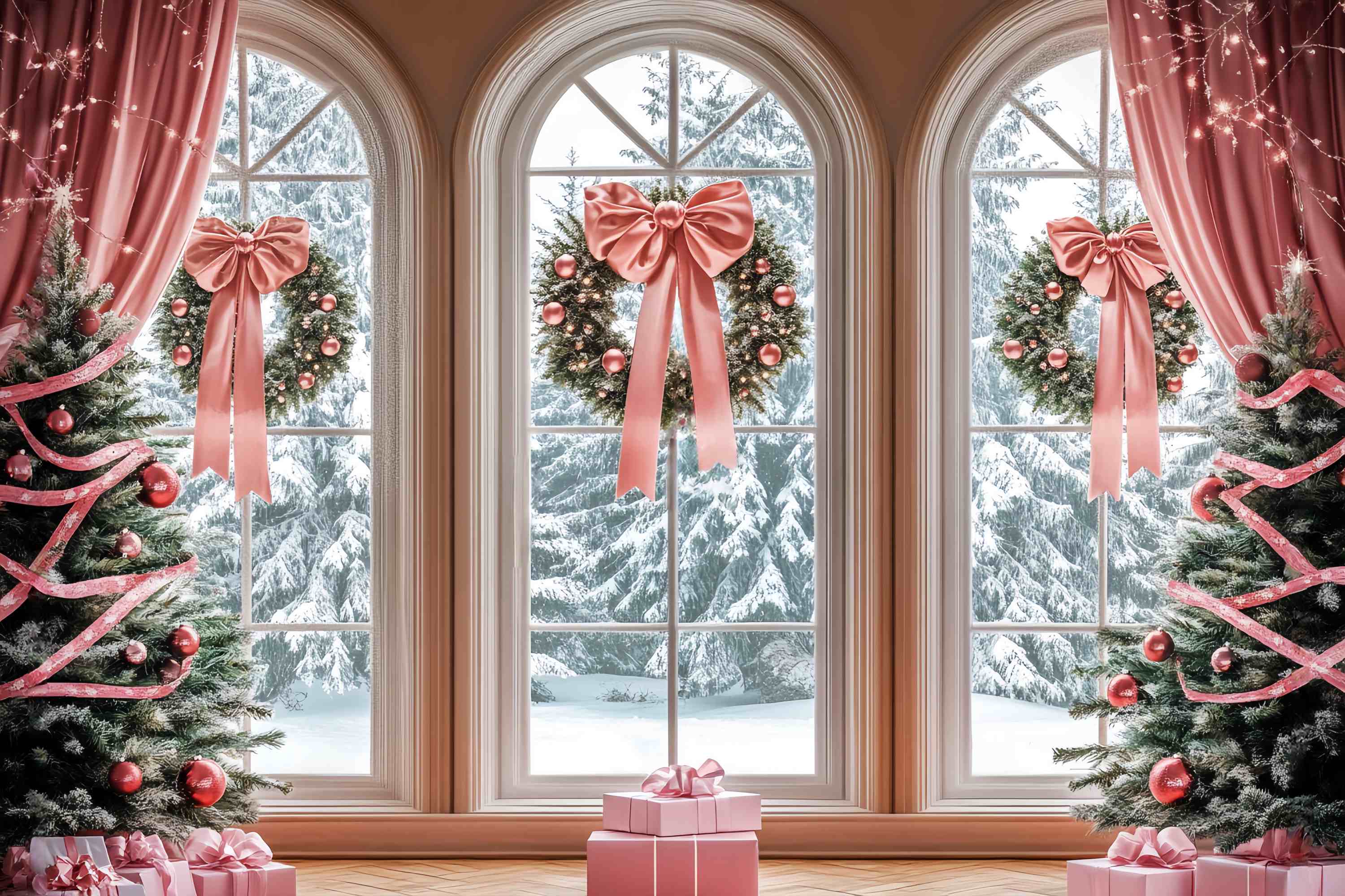 Rosa Weihnachtsfotohintergrund Rosa Schleife Fensterkränze Weihnachtshintergrund LXX58-52