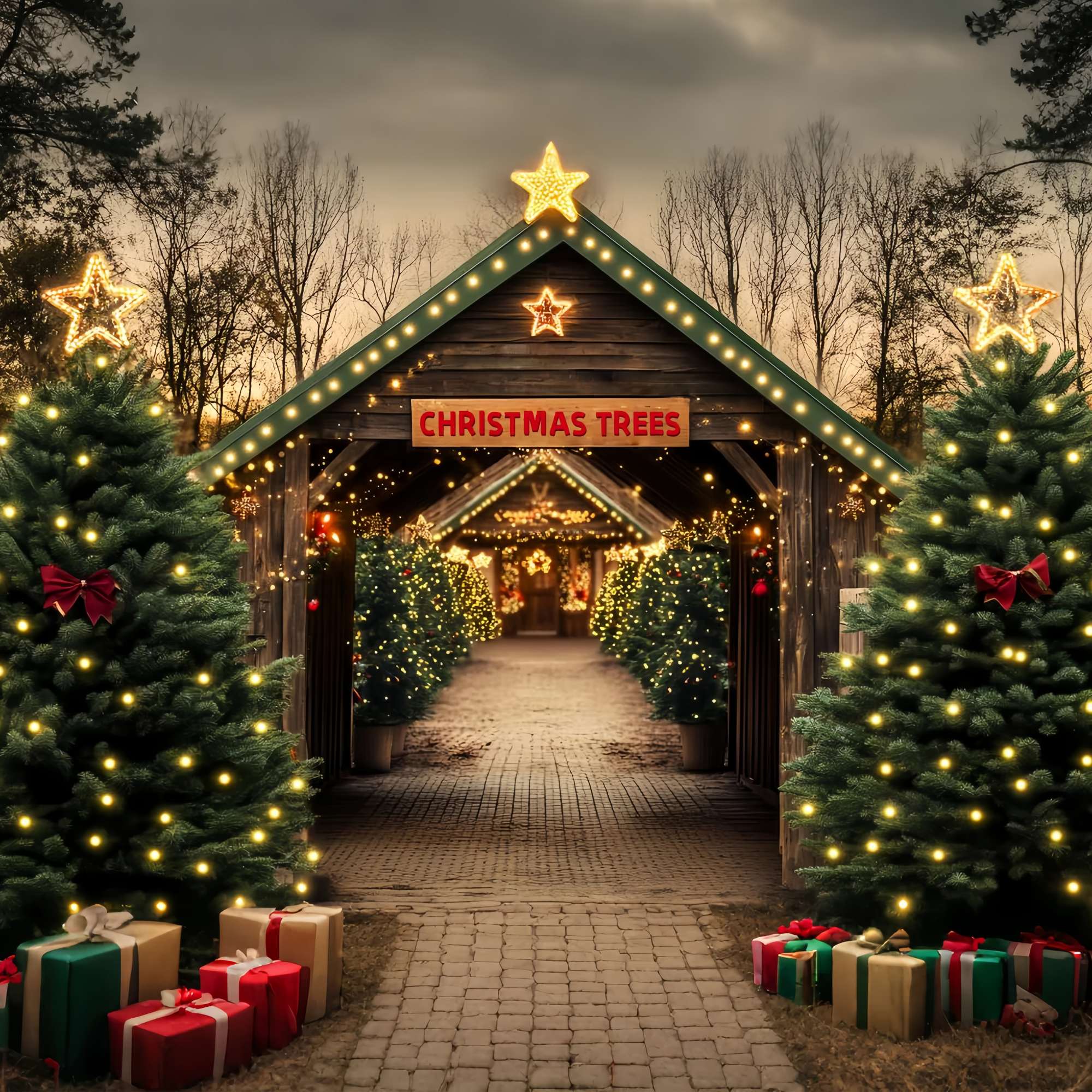 Weihnachtsbaum Bauernhof Hintergrund Rustikale Baum Bauernhof Tunnel Weihnachten Hintergründe für die Fotografie LXX58-55