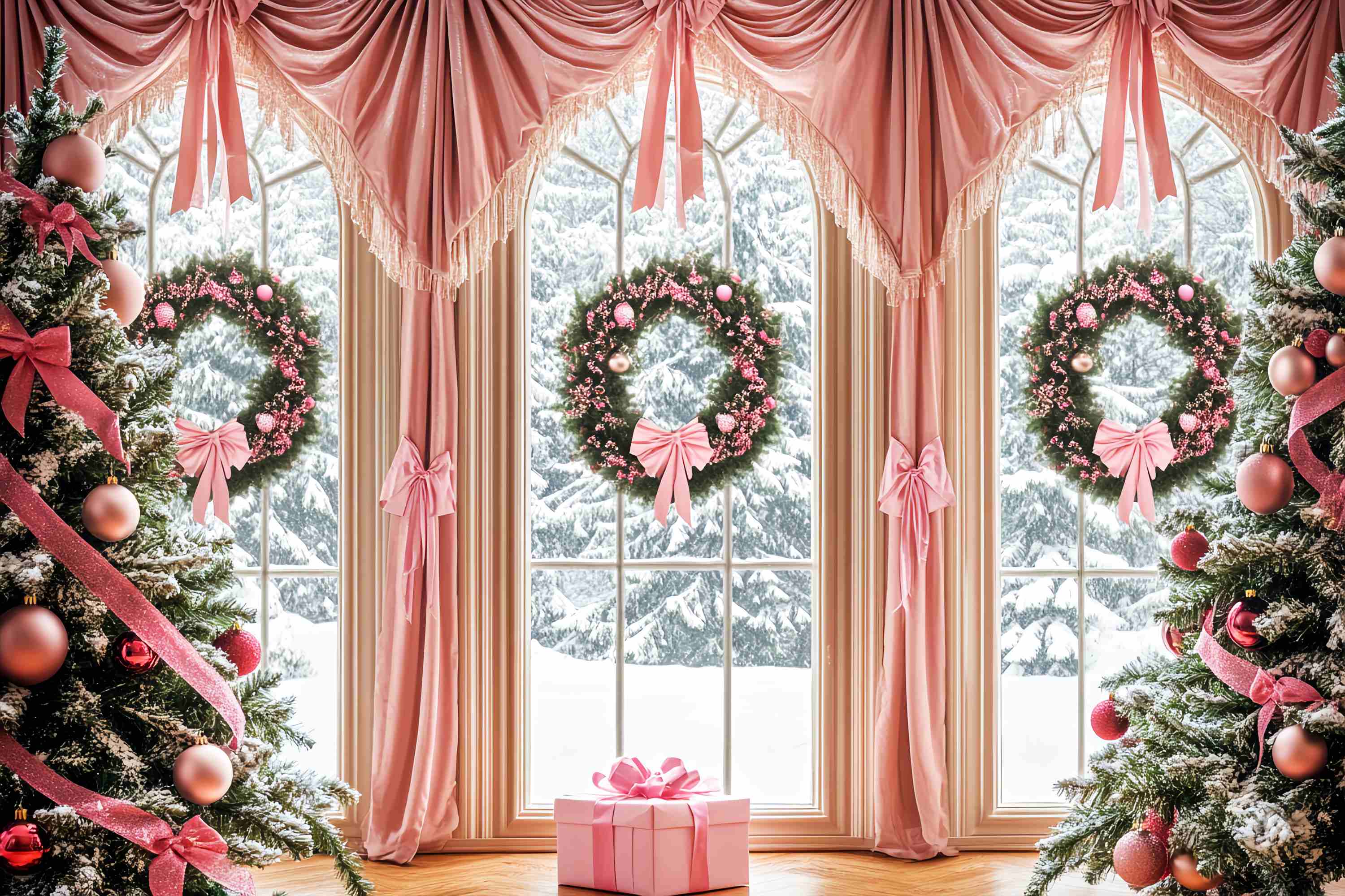 Rosa Weihnachten Foto Hintergrund Rosa Schleife Elegantes Fenster Hintergrund Weihnachten LXX58-57