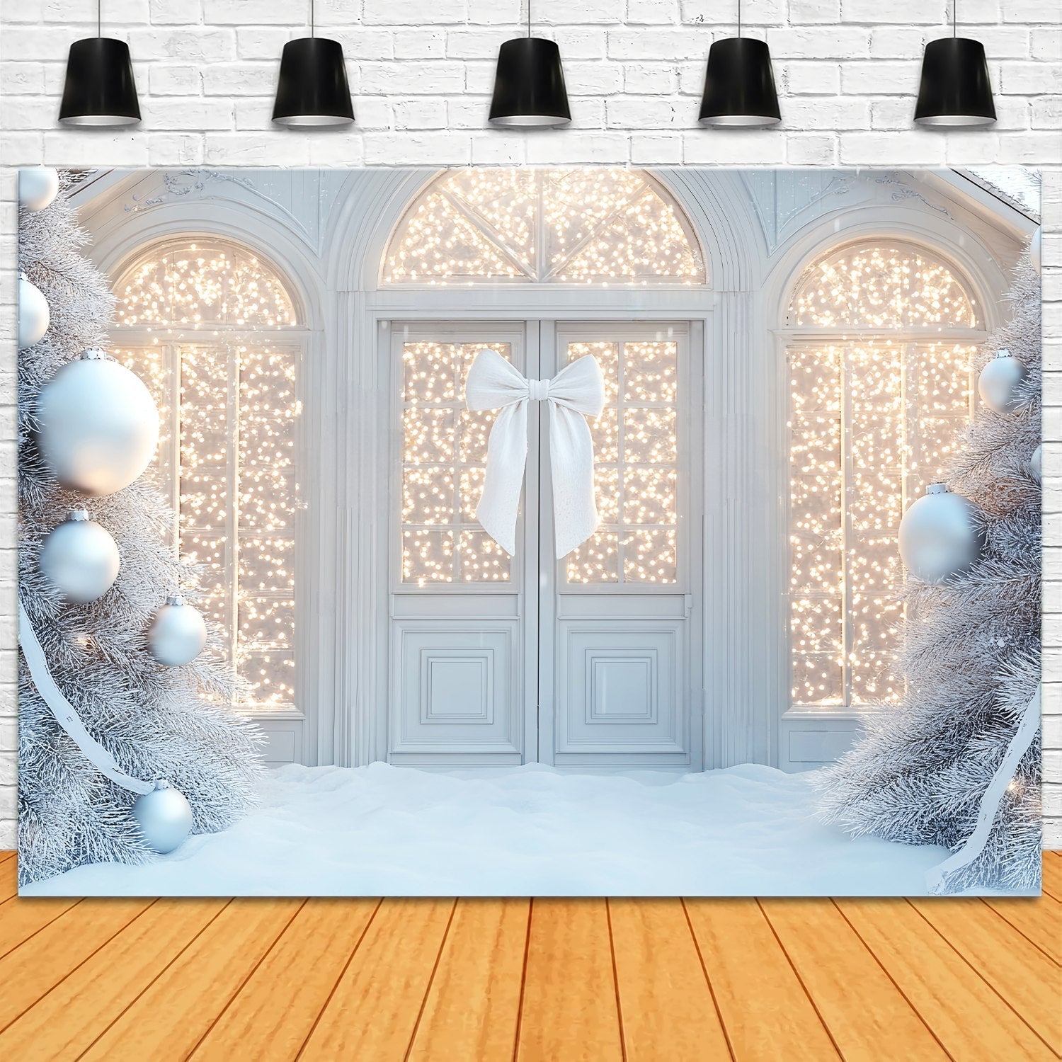 Weiße Weihnachten Foto Hintergrund White Sparkle Bow Doorway Christmas Backdrop Fotografie LXX58-59