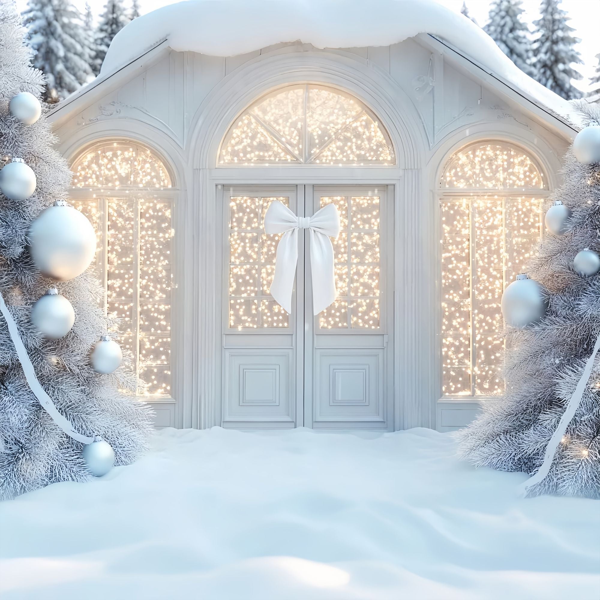 Weiße Weihnachten Foto Hintergrund White Sparkle Bow Doorway Christmas Backdrop Fotografie LXX58-59