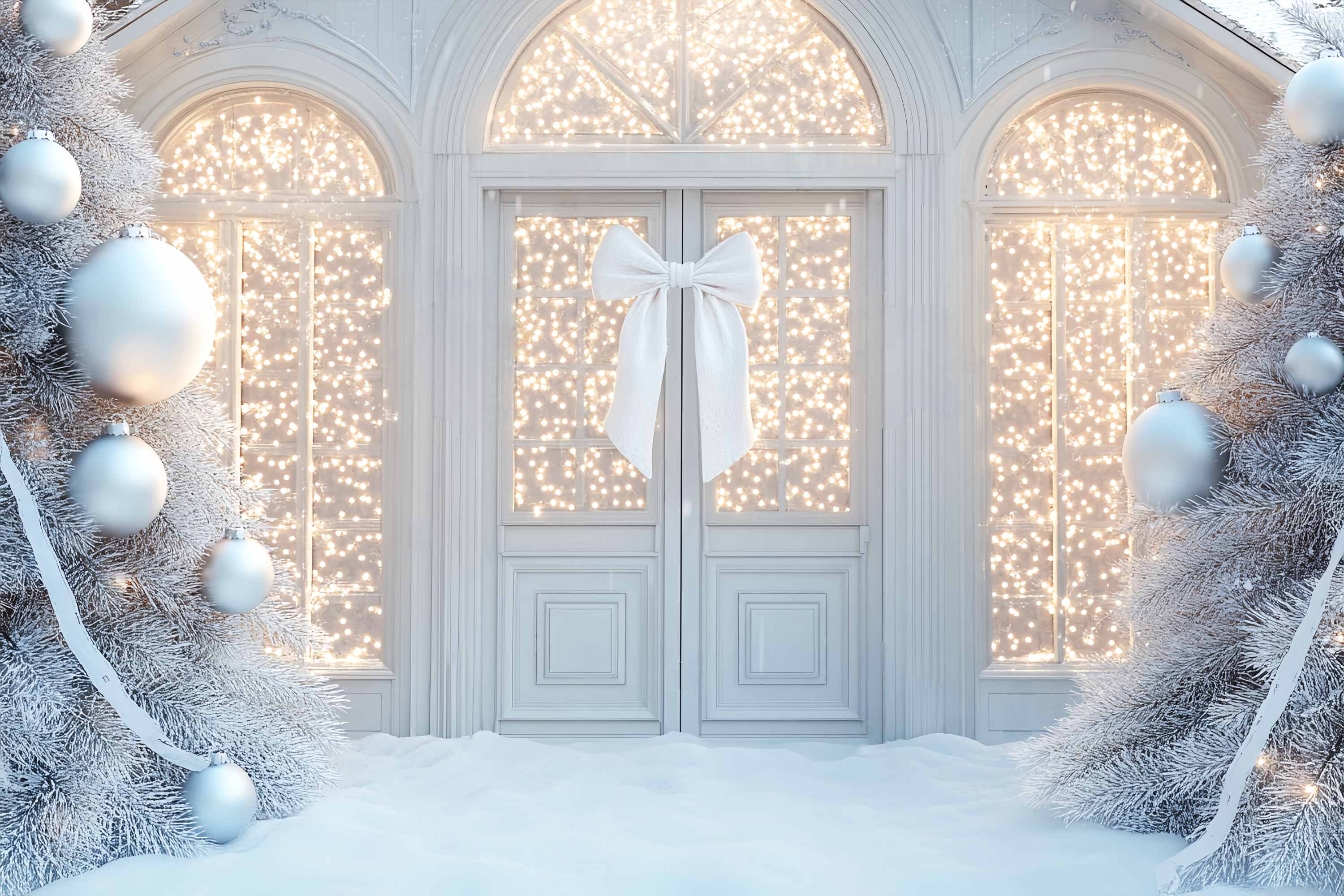 Weiße Weihnachten Foto Hintergrund White Sparkle Bow Doorway Christmas Backdrop Fotografie LXX58-59
