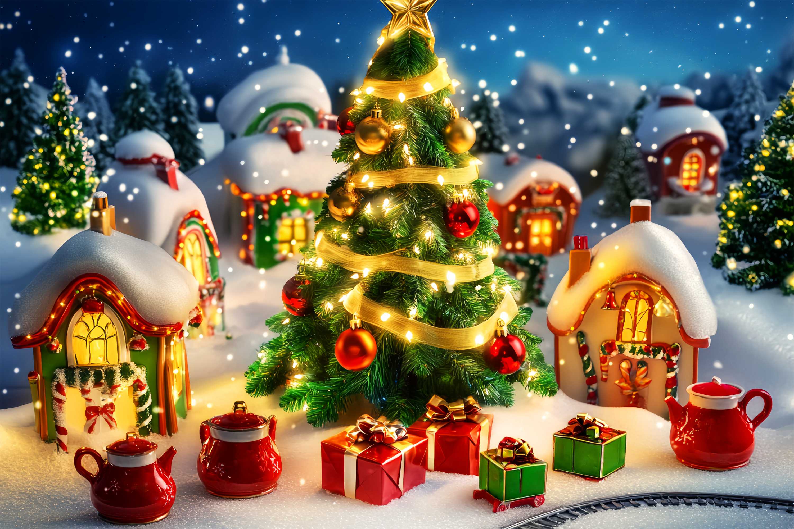 Weihnachtsbaum Foto Hintergrund Spielzeugdorf Weihnachtsbaum Szene Weihnachten Backdrops LXX58-60