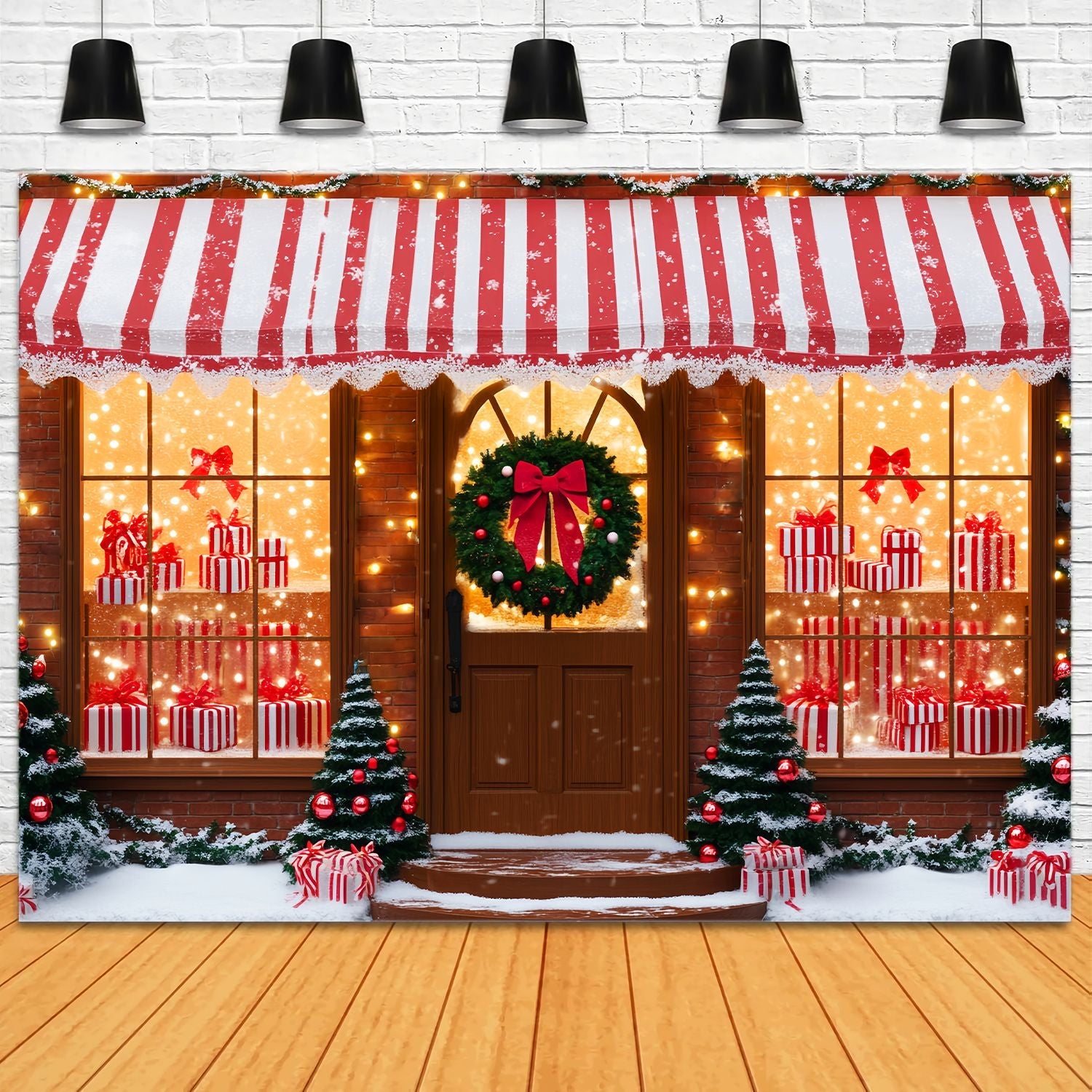 Professionelle Weihnachts-Hintergrundbilder Gestreifte Süßigkeiten Geschenk-Shop Weihnachten Foto Hintergrund LXX58-61