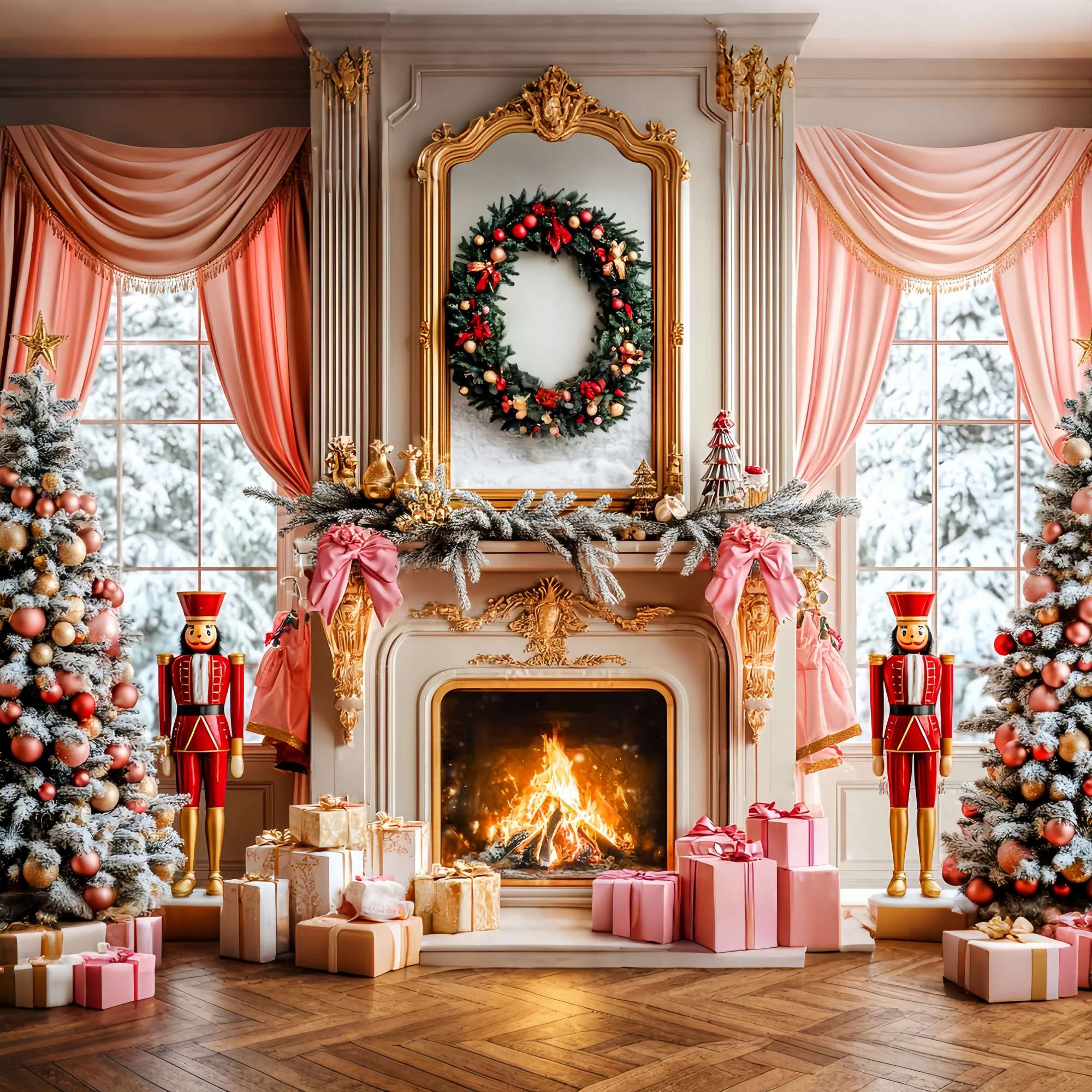 Weihnachtskamin Foto Hintergrund Rosa Nussknacker Kamin Dekor Weihnachten Backdrops Verkauf LXX58-62