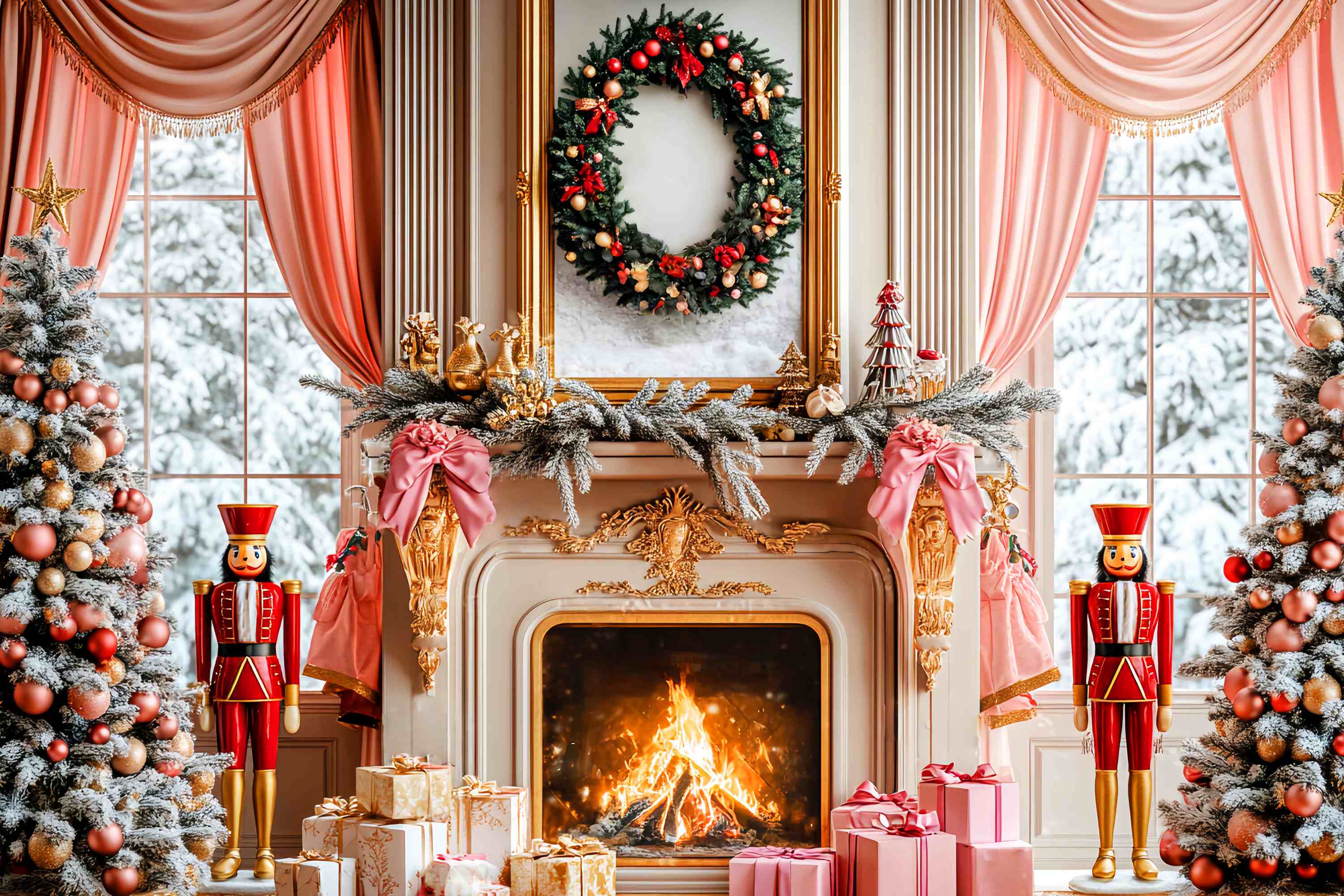 Weihnachtskamin Foto Hintergrund Rosa Nussknacker Kamin Dekor Weihnachten Backdrops Verkauf LXX58-62