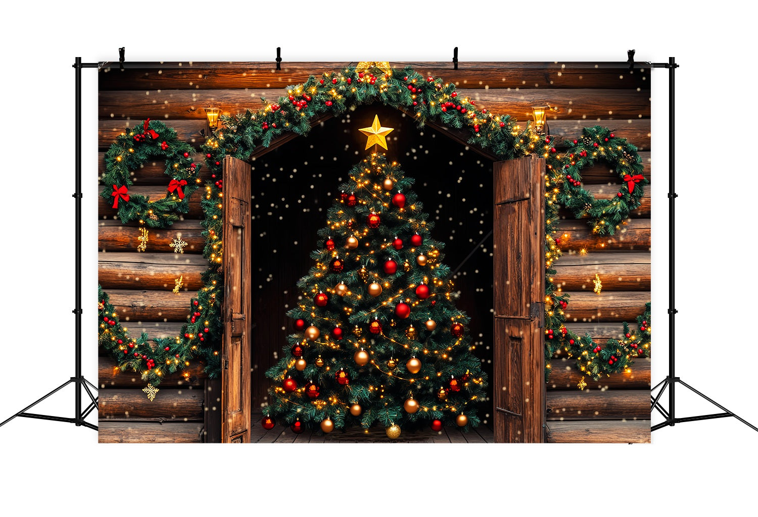 Weihnachtsbaum Backdrop Rustikale Hütte Weihnachtsbaum Glühen Weihnachten Fotohintergrund LXX58-63