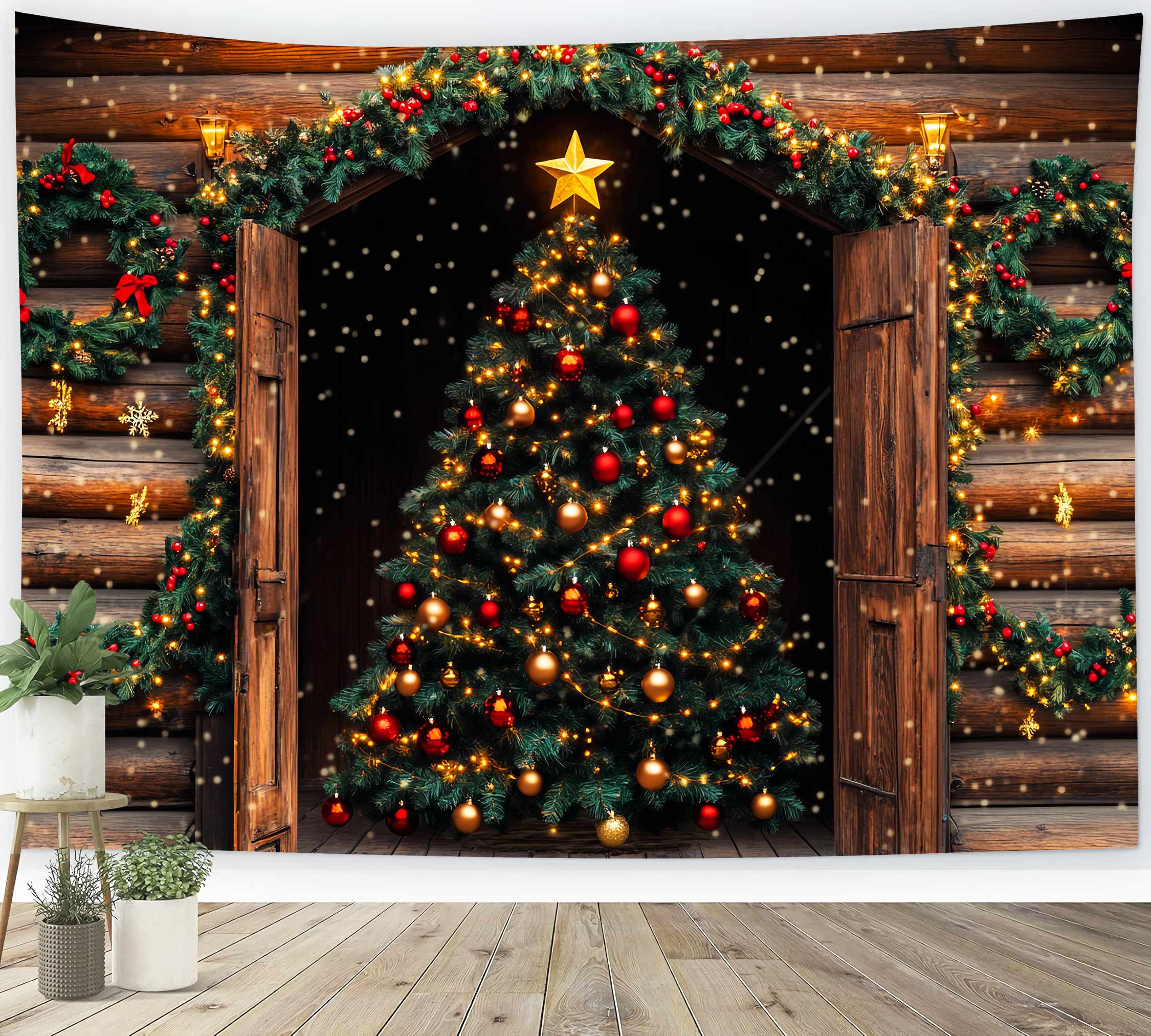 Weihnachtsbaum Backdrop Rustikale Hütte Weihnachtsbaum Glühen Weihnachten Fotohintergrund LXX58-63