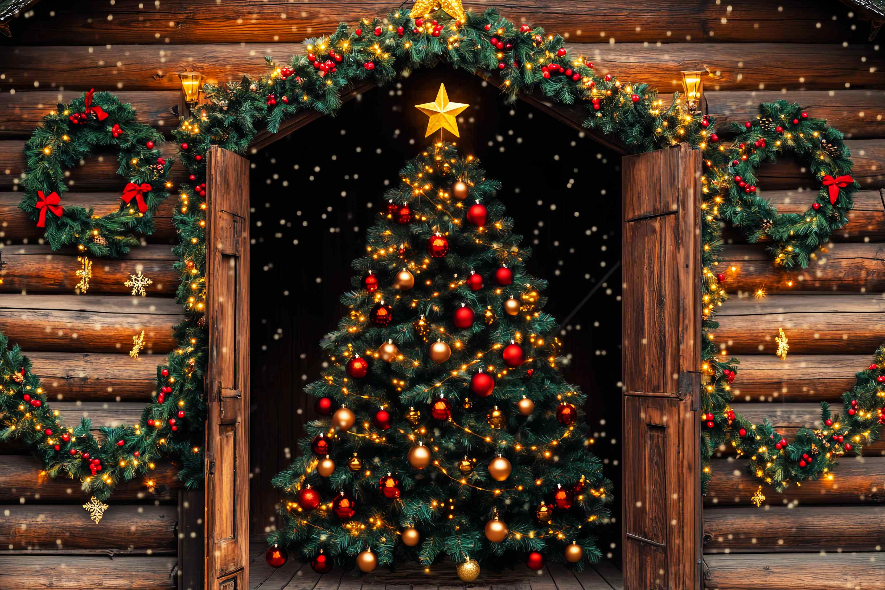 Weihnachtsbaum Backdrop Rustikale Hütte Weihnachtsbaum Glühen Weihnachten Fotohintergrund LXX58-63