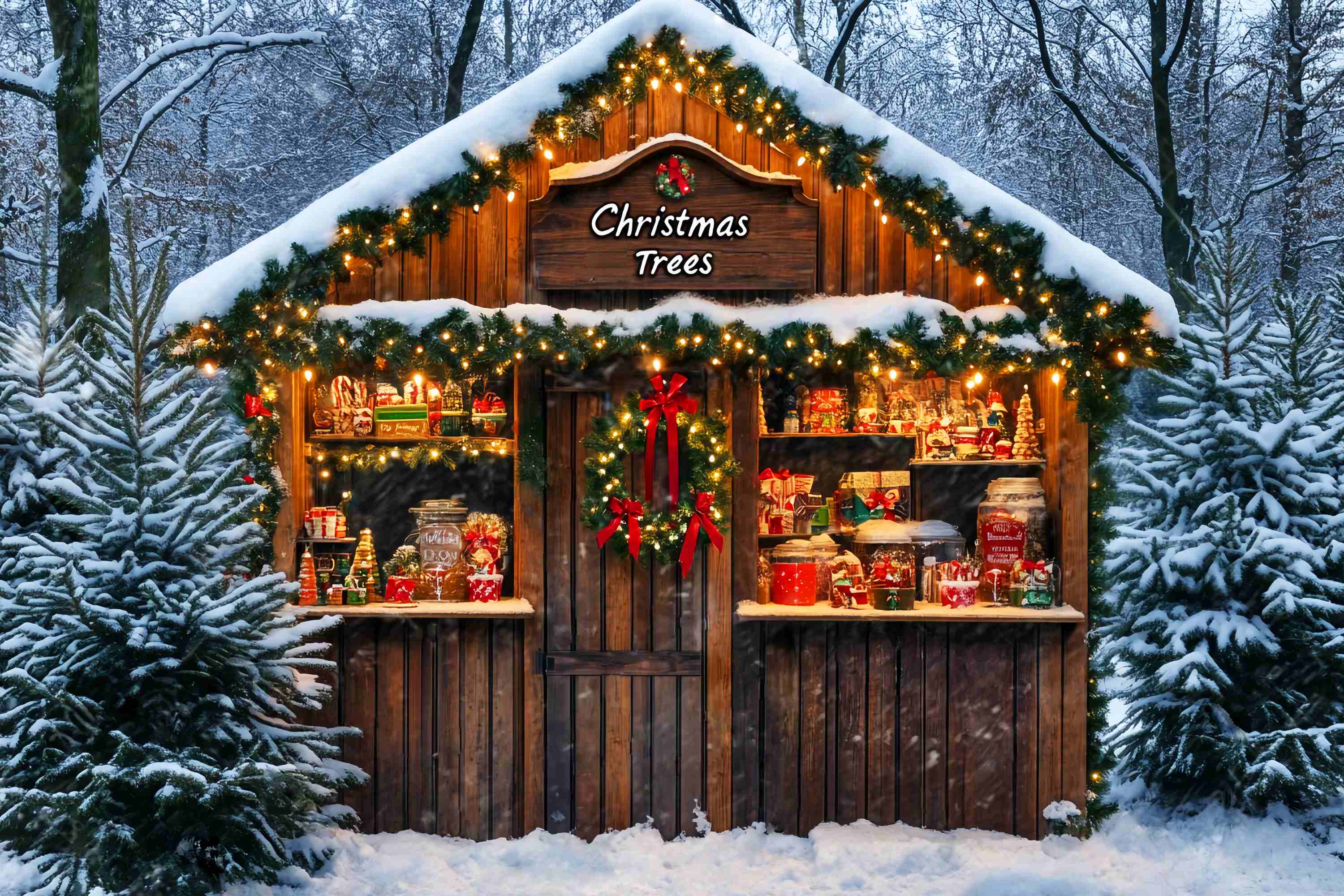 Weihnachtsbaum Bauernhof Foto Hintergrund verschneiten Wald Candy Cabin Stand Weihnachten Backdrops 10x10 LXX58-65