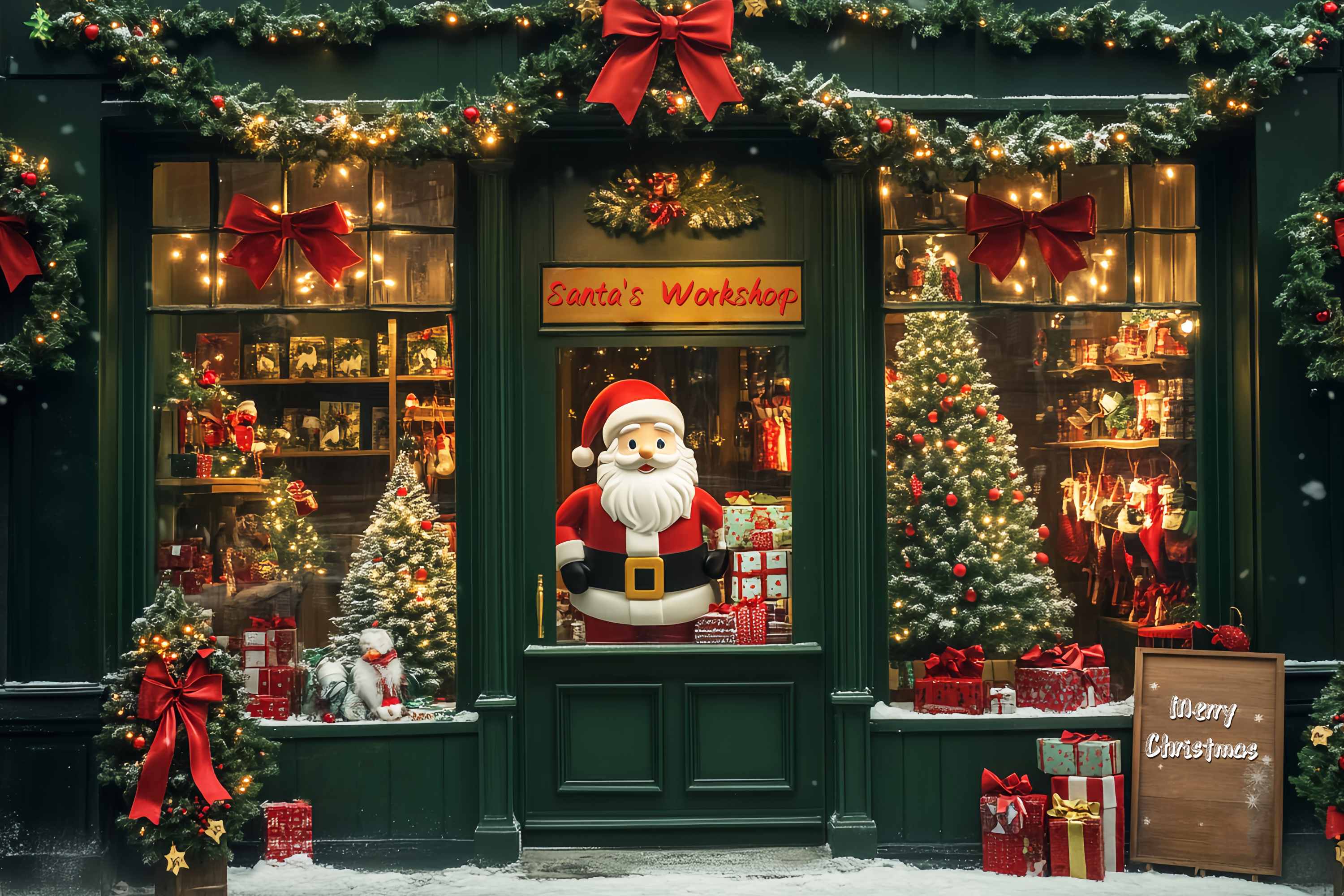 Weihnachtsmannwerkstatt Backdrop Weihnachtsmann Spielzeugladen Fenster Weihnachten Foto Hintergrund LXX58-67