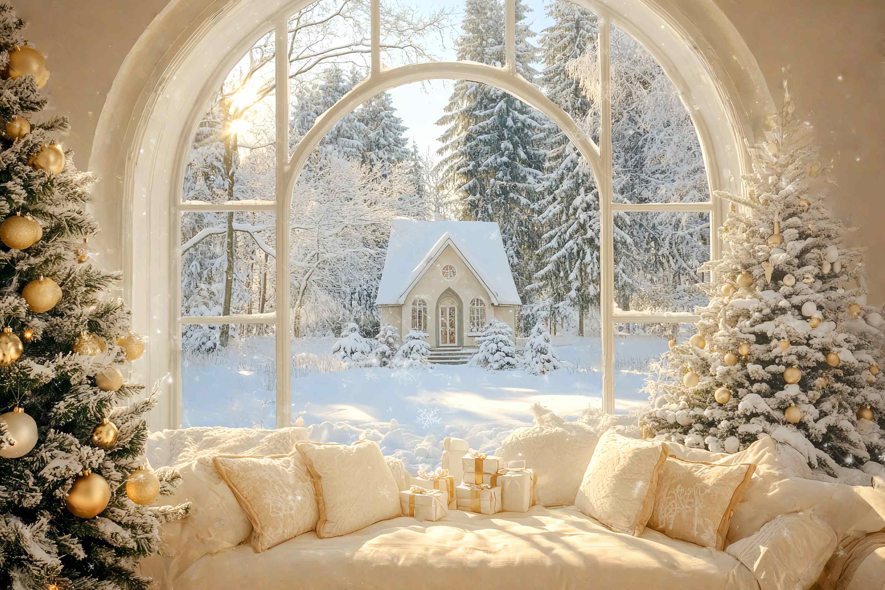 Weihnachten Hintergrund Fotografie Golden Winter Cottage Fenster Weihnachten Fotografie Backdrops LXX58-73