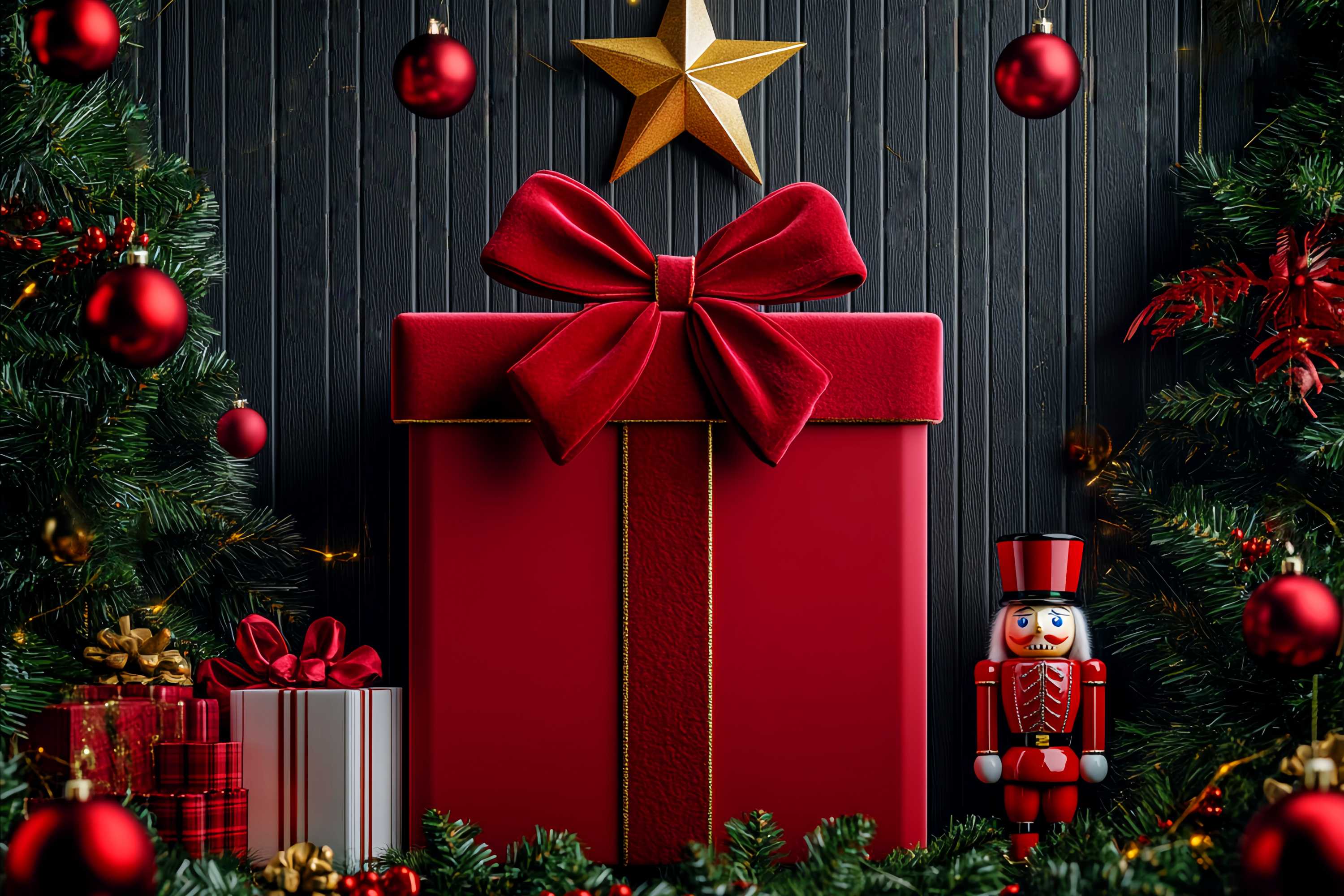 Weihnachten Wand Foto Hintergrund Red Velvet Bow Nussknacker Wand Weihnachten Backdrop für Fotos LXX58-76