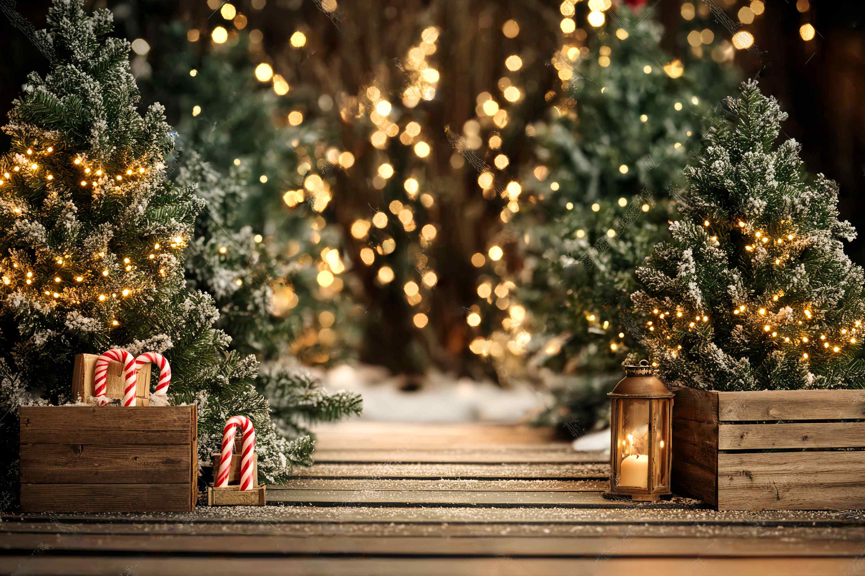 Weihnachtsbaum Foto Hintergrund Snowy Pine Pathway Lichter Weihnachten Fotografie Backdrops LXX58-77