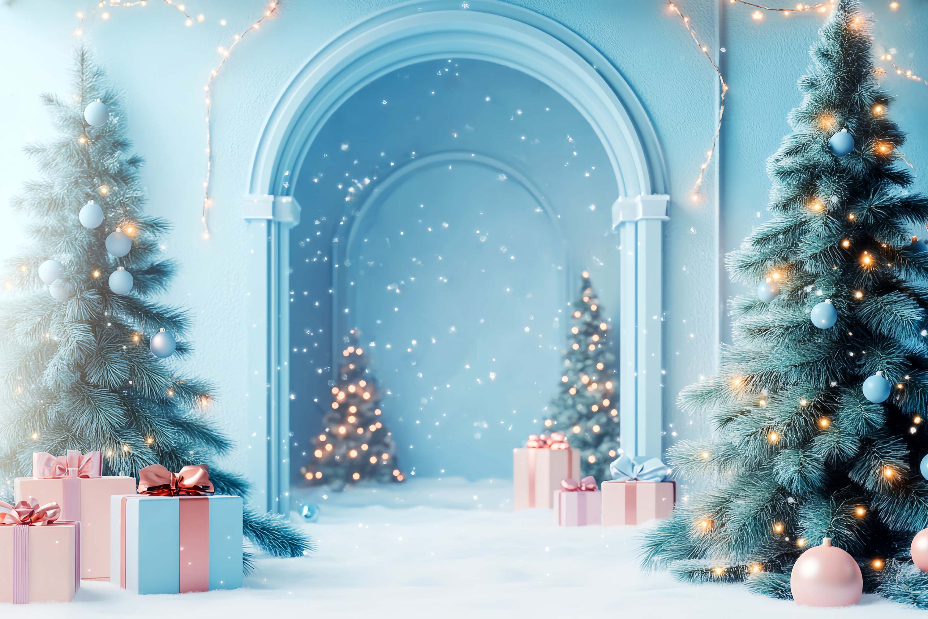 Weihnachten Wandhintergrund Frosty Blue Arch Snow Wonderland Weihnachtshintergründe für Fotografie LXX58-81