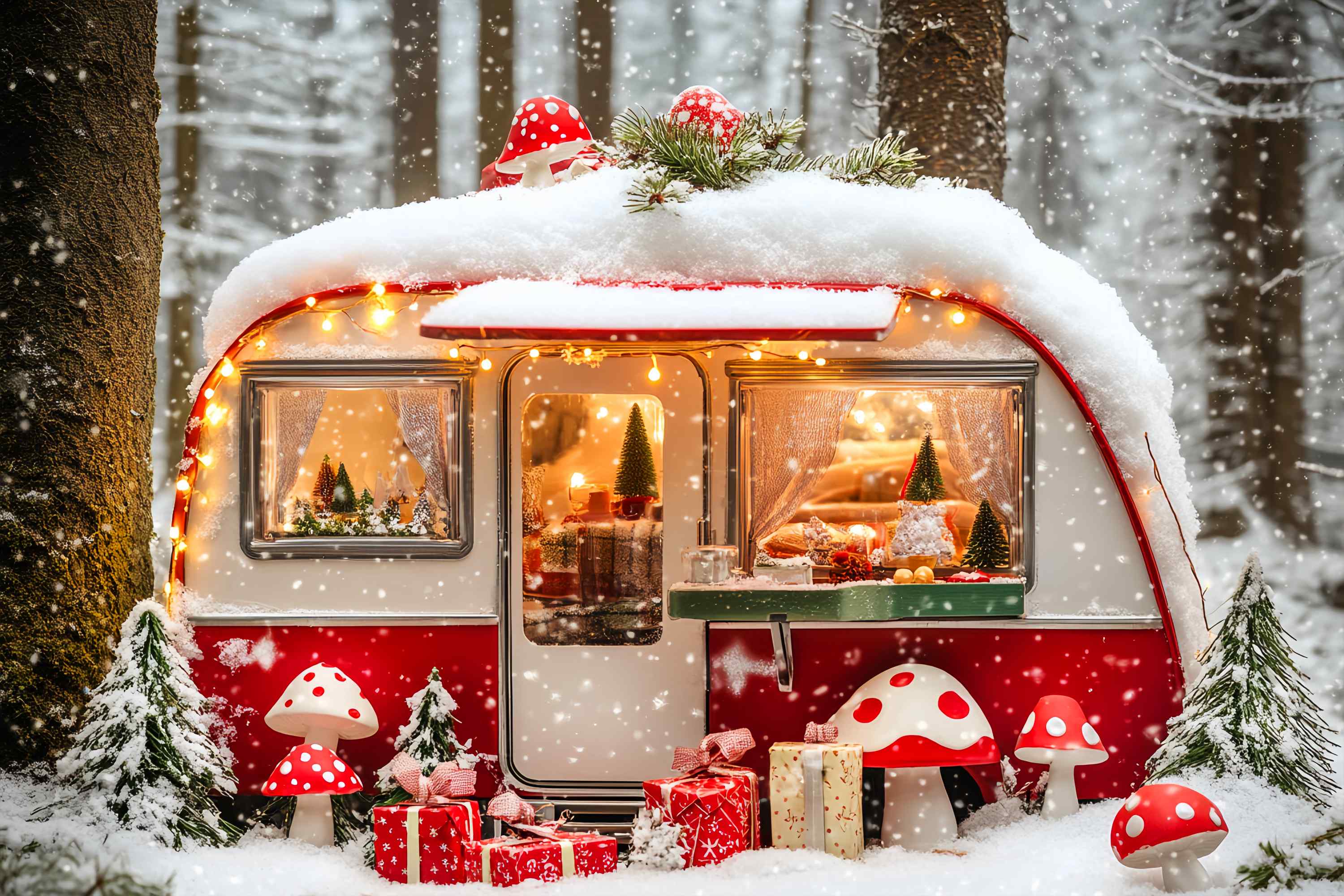 Weihnachten Fotografie Hintergründe Snowy Mushroom Camper Wald Weihnachten Foto Hintergrund LXX58-84