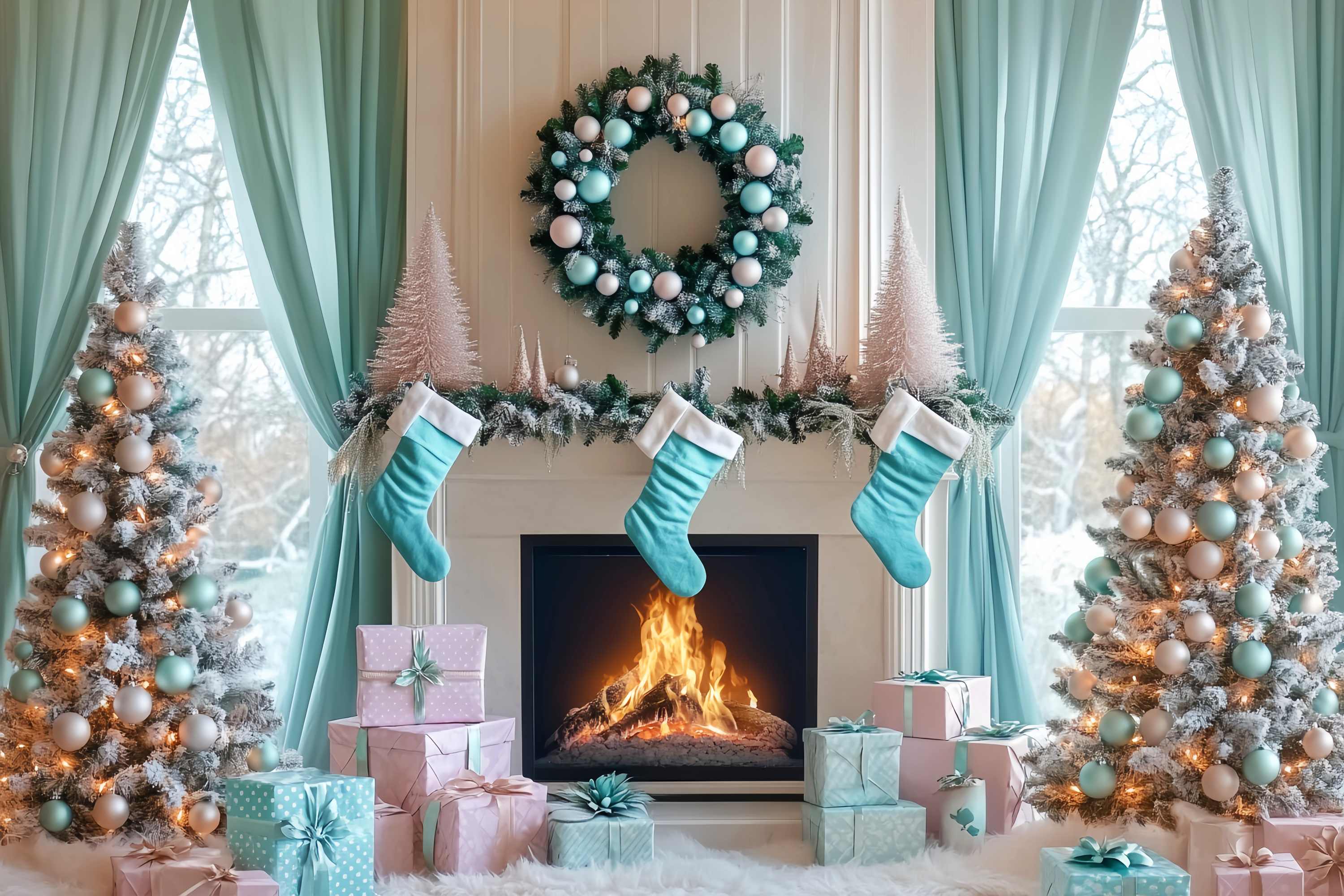 Weihnachten Kamin Backdrop Aqua Stocking Kamin Morgen Weihnachten Foto Hintergrund Ideen LXX58-87