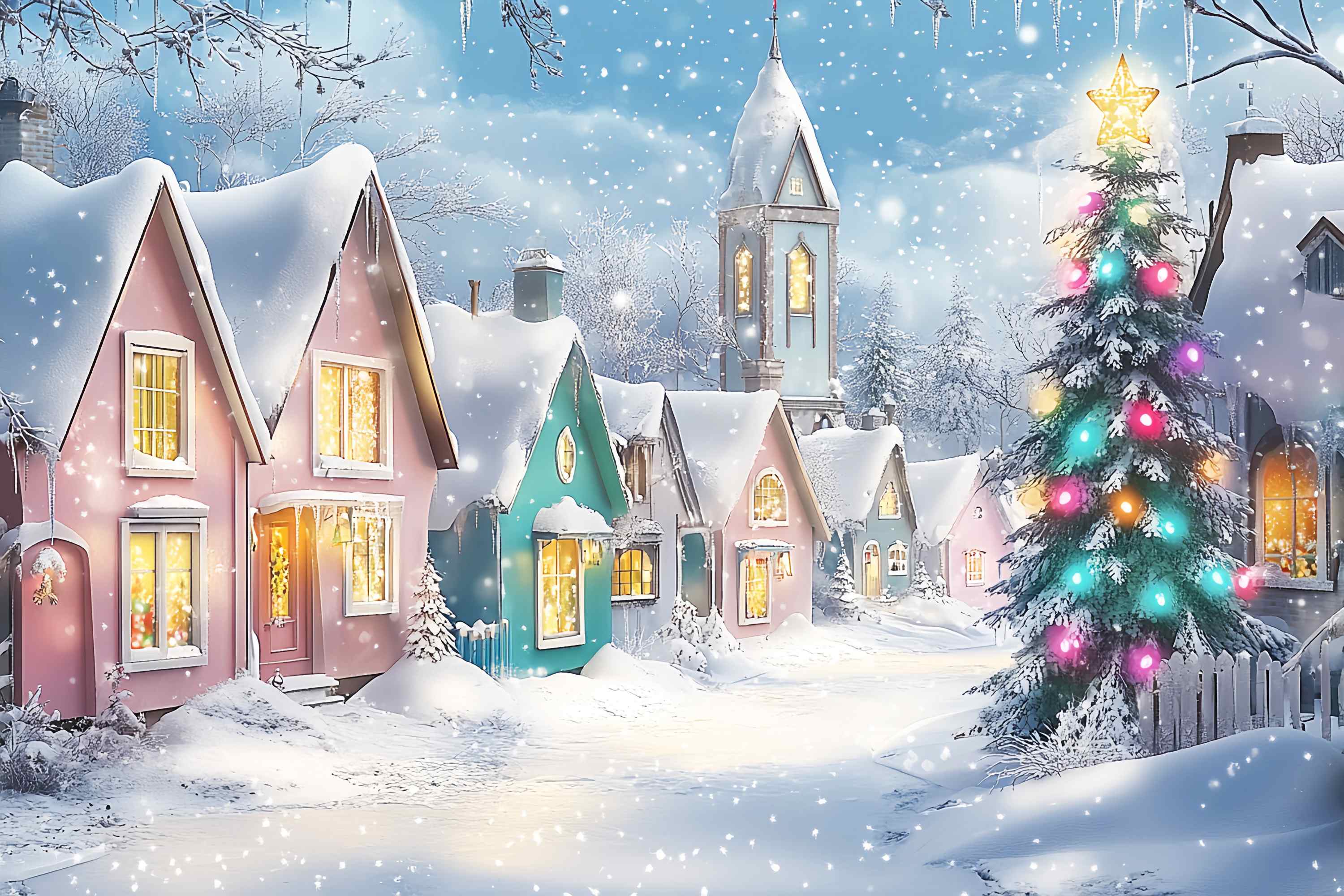 Weihnachtsdorf Foto Hintergrund Pastell Winterdorf Schneefall Weihnachten Backdrop Fotografie LXX58-95