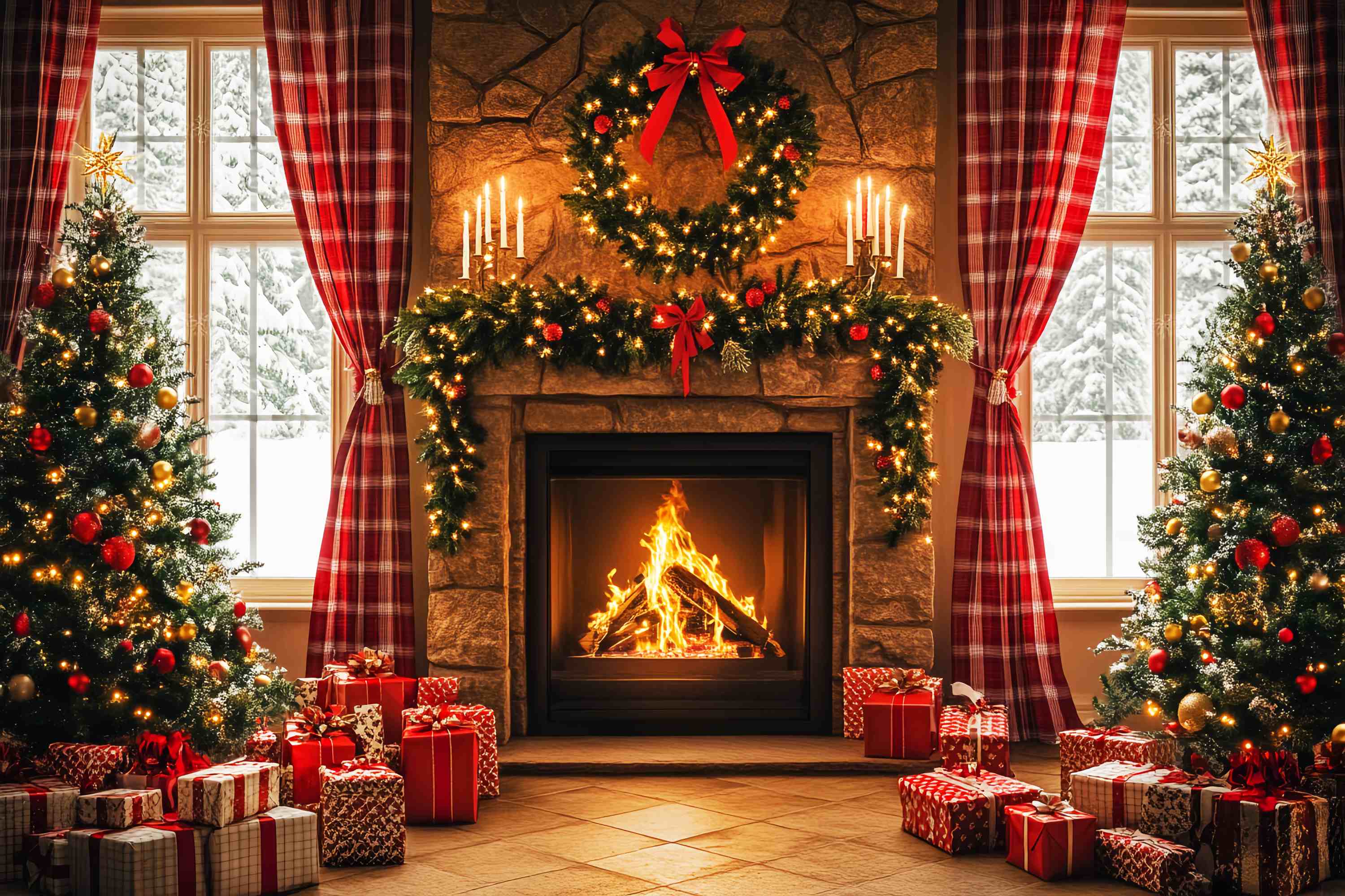 Weihnachten Kamin Backdrop Kariert Gemütlich Kamin Morgen Weihnachten Fotohintergrund LXX58-96