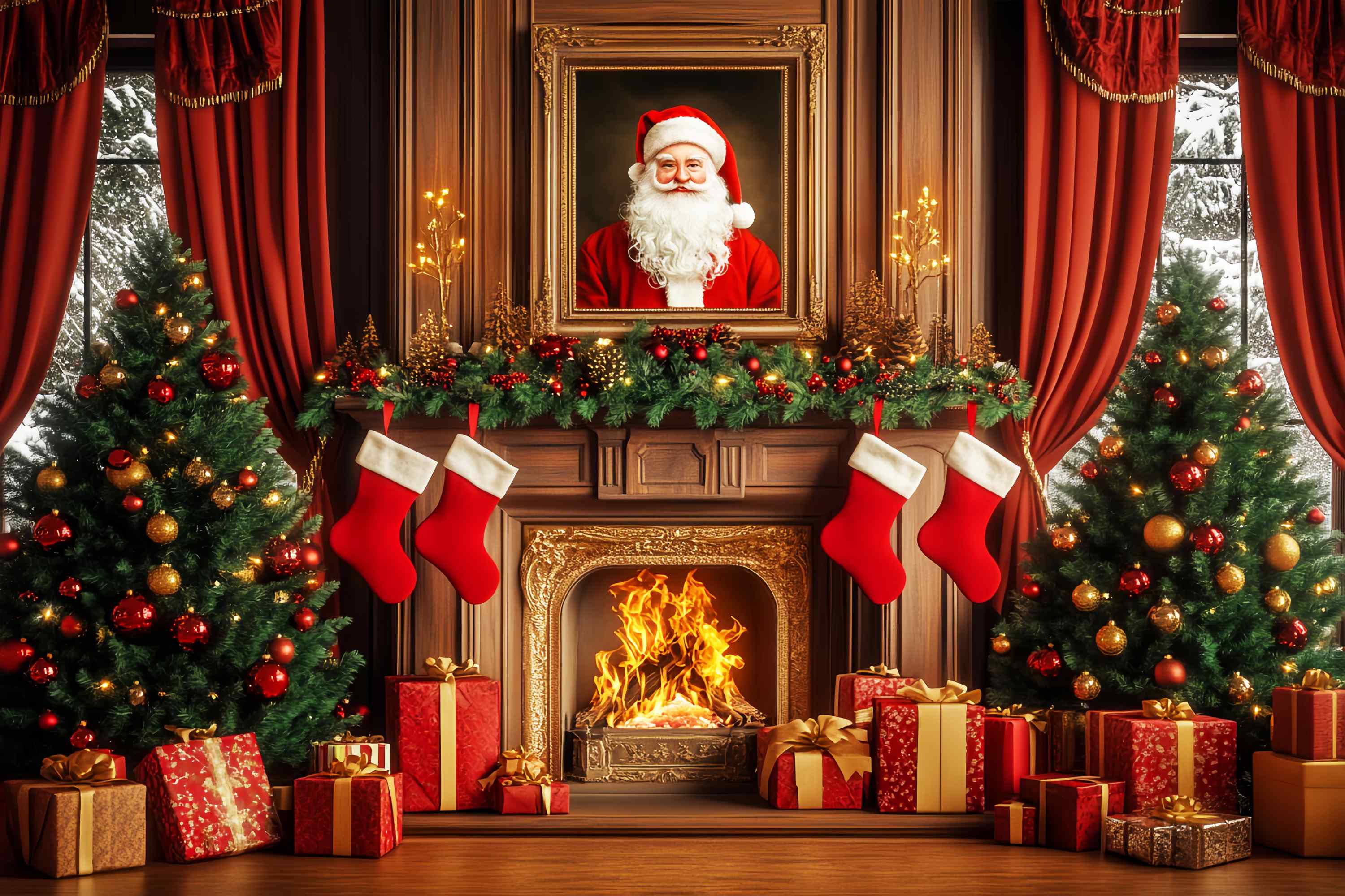 Weihnachtsmann Foto Hintergrund Santa Portrait Girlande Mantel Weihnachten Backdrops Verkauf LXX58-97