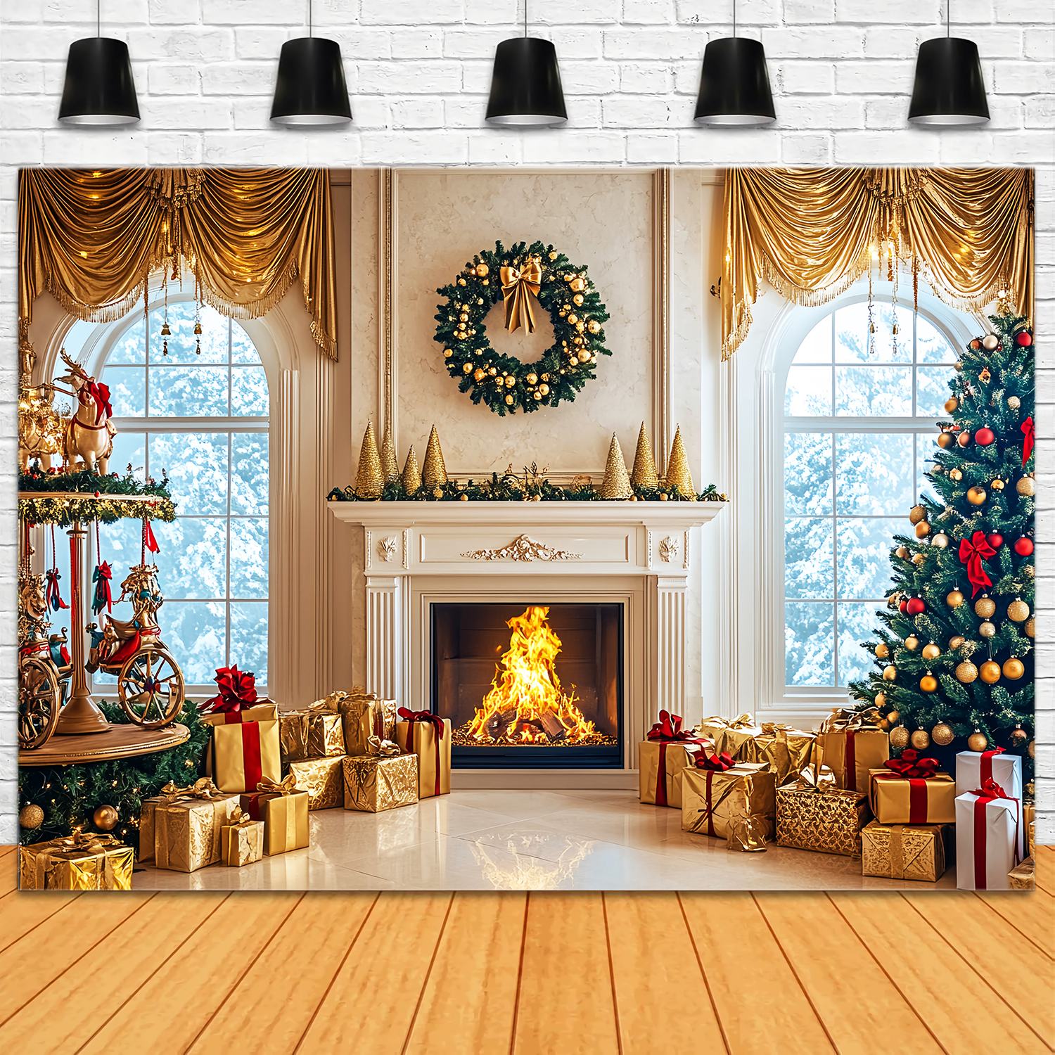 Weihnachts Kamin Foto Hintergrund Golden Luxe Karussell Kamin Hochauflösender Weihnachts Hintergrund LXX58-98