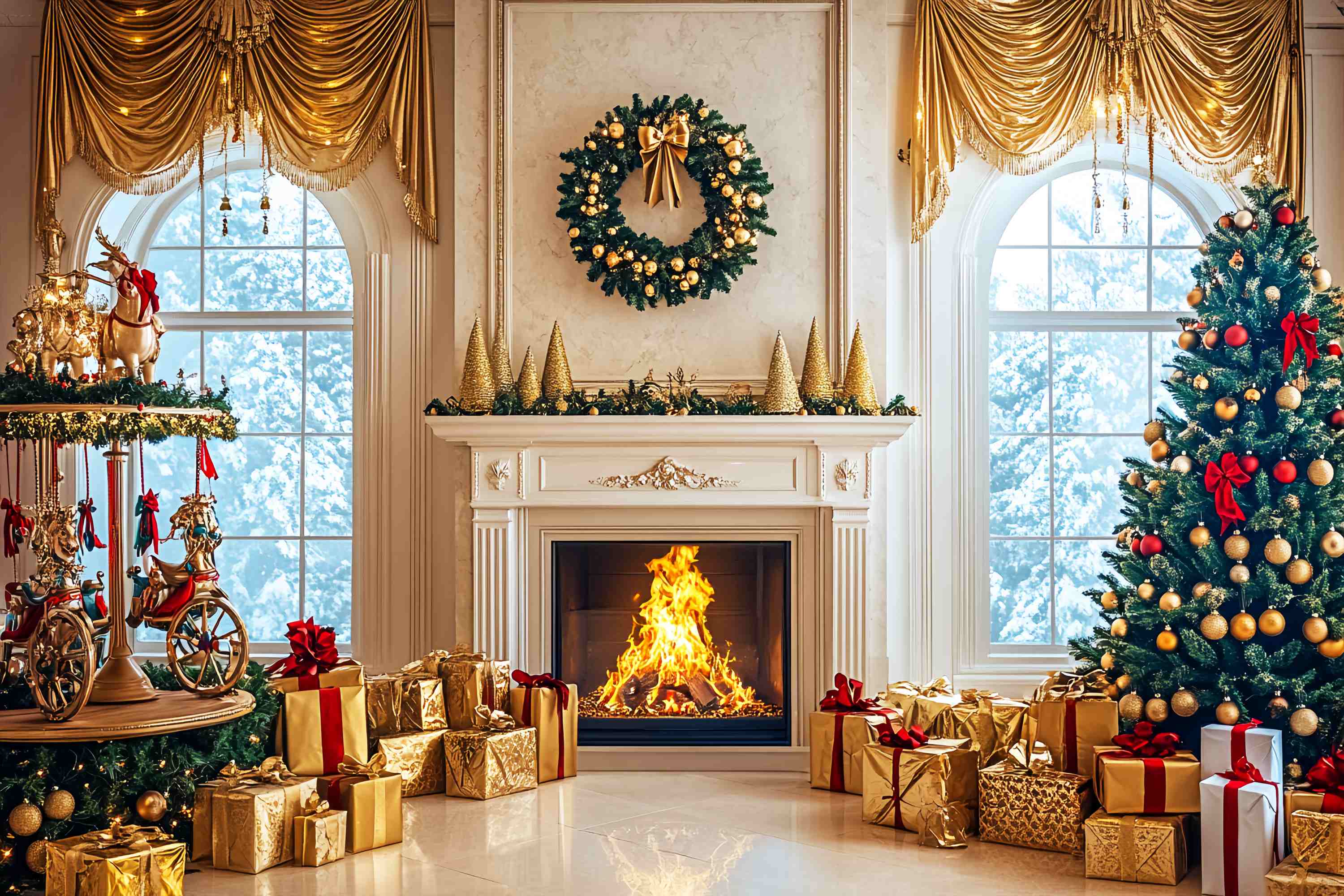 Weihnachts Kamin Foto Hintergrund Golden Luxe Karussell Kamin Hochauflösender Weihnachts Hintergrund LXX58-98