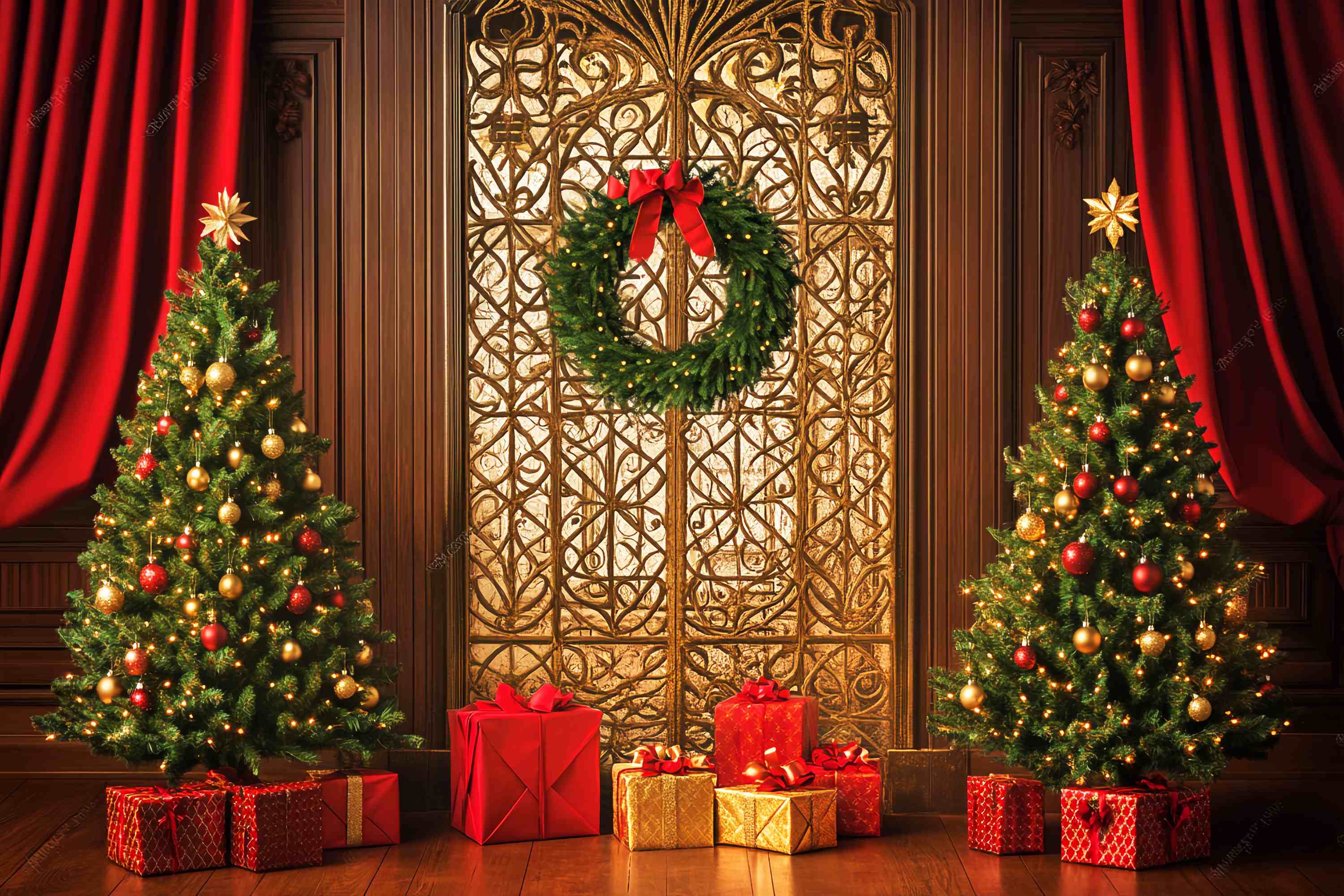 Hochauflösende Weihnachts Hintergrundkulisse Golden Gate Wreath Gift Tree Weihnachts Foto Hintergrund LXX58-99