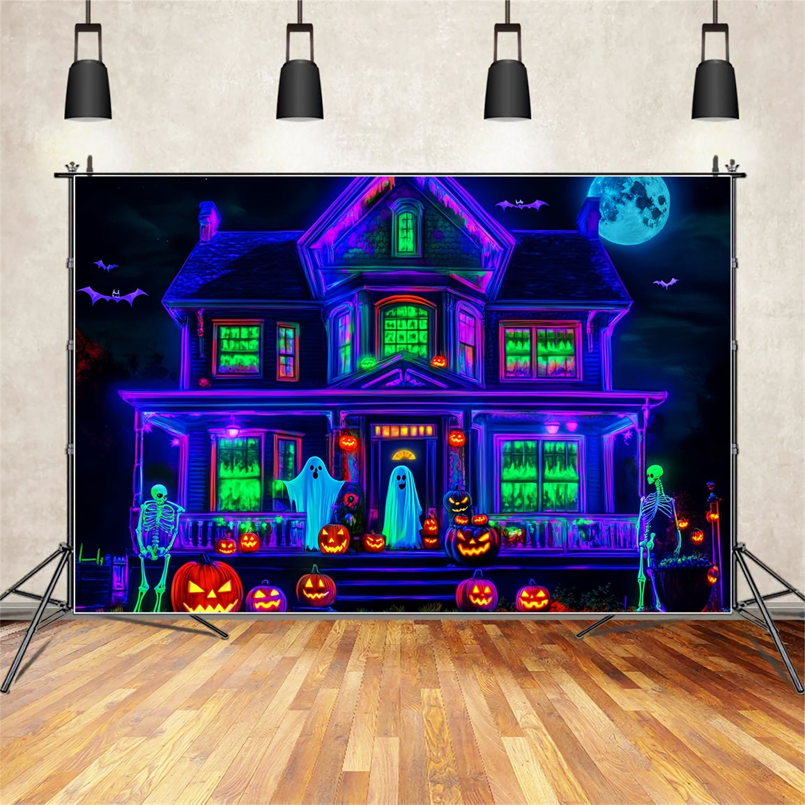 Halloween Geister Fotohintergrund Neon-Spukhaus Leuchtender gruseliger Halloween Fotohintergrund LXX59-108