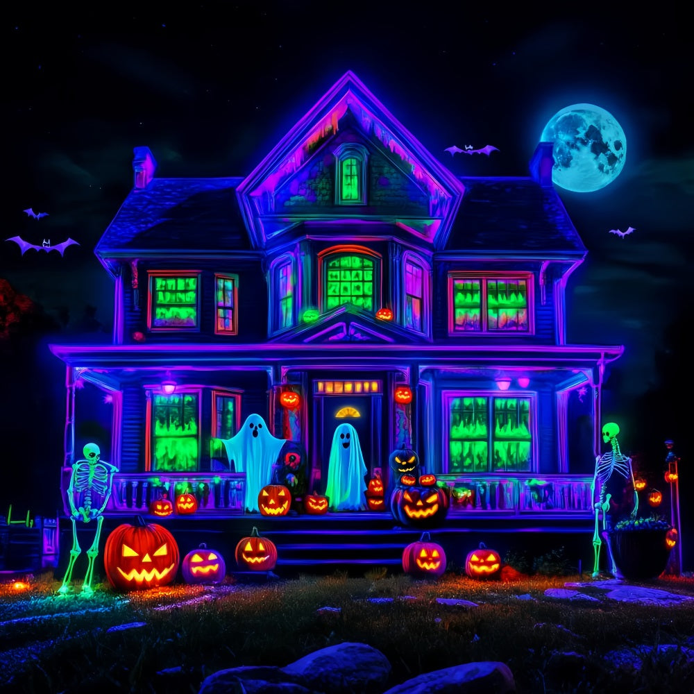 Halloween Geister Fotohintergrund Neon-Spukhaus Leuchtender gruseliger Halloween Fotohintergrund LXX59-108