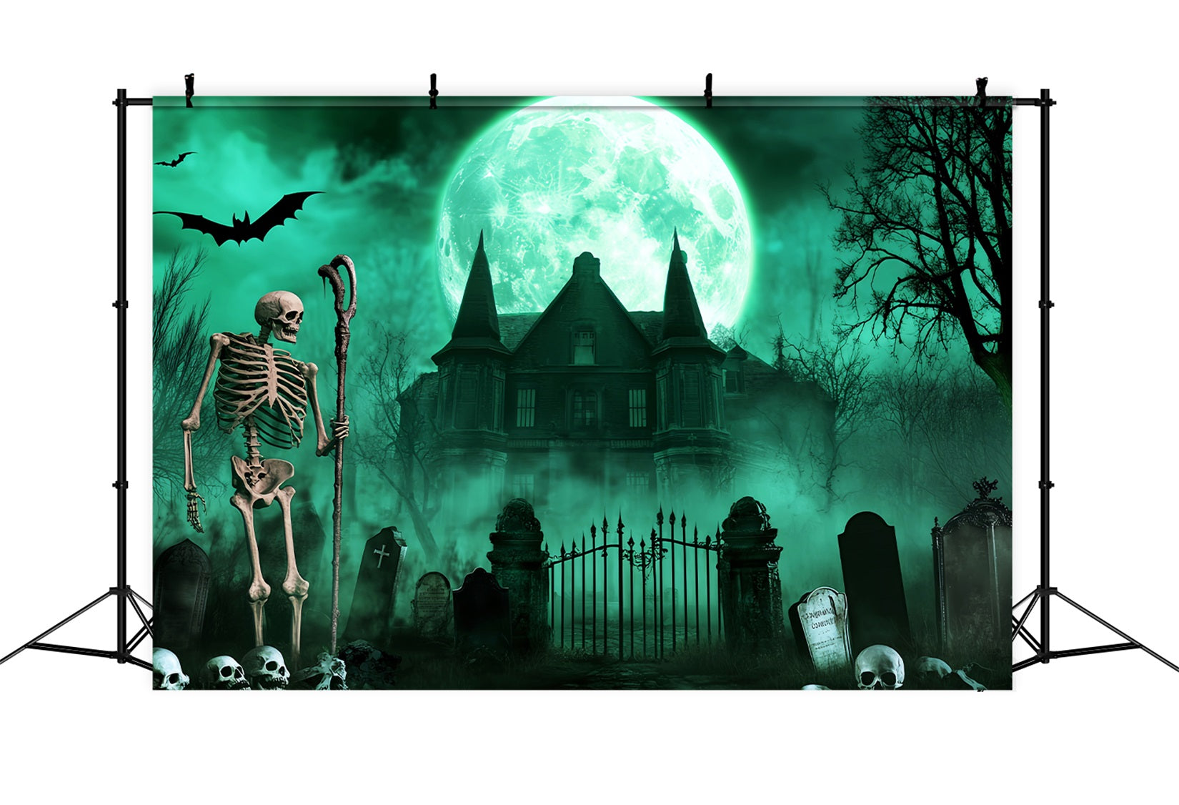 Friedhof Fotohintergrund Skelett Friedhof Grüner Mond Gruseliger Halloween Fotohintergrund LXX59-113