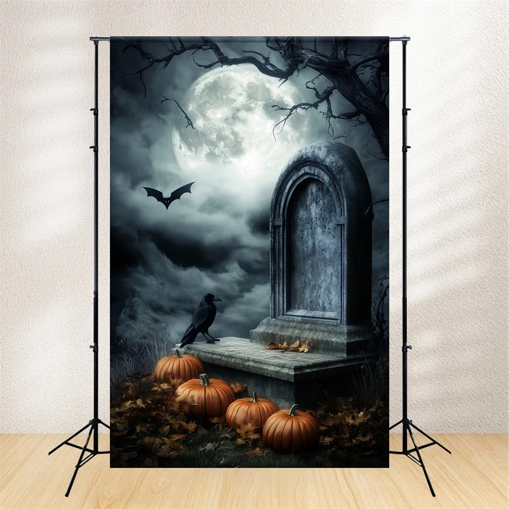 Friedhofs Fotohintergrund Mondbeschienene Gräber Kürbisse Krähen Halloween-Hintergründe LXX59-156