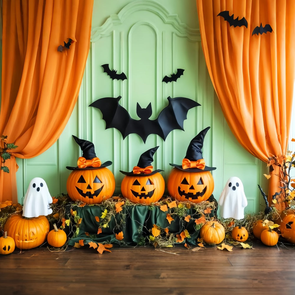 Halloween-Friedhofs Fotohintergrund Kürbis Geist Hexe Fledermäuse Halloween Fotohintergrundideen LXX59-158