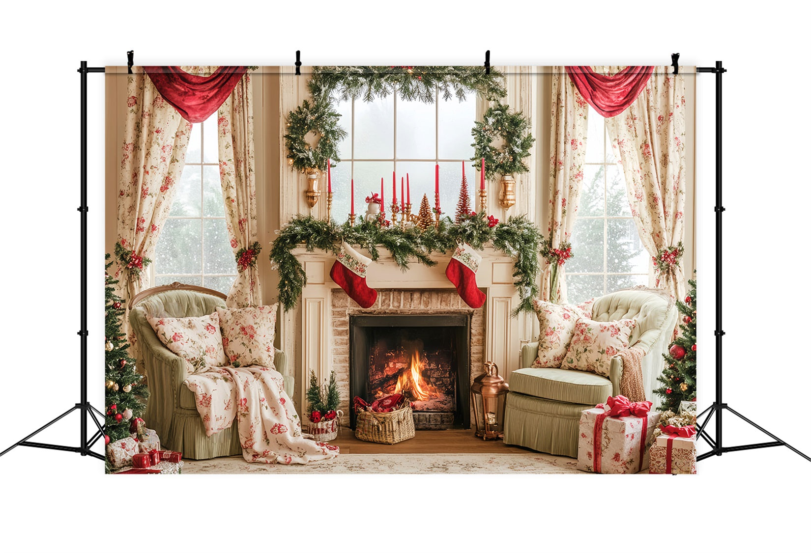 Candyland-Fotohintergrund Strümpfe Vintage-Kaminmantel Weihnachtsfoto-Fotohintergrund LXX59-164