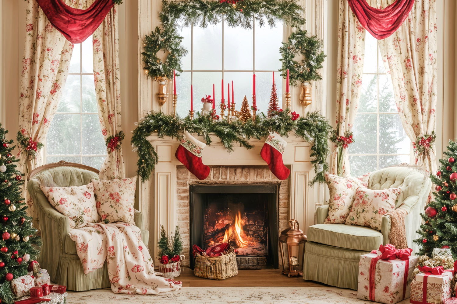 Candyland-Fotohintergrund Strümpfe Vintage-Kaminmantel Weihnachtsfoto-Fotohintergrund LXX59-164