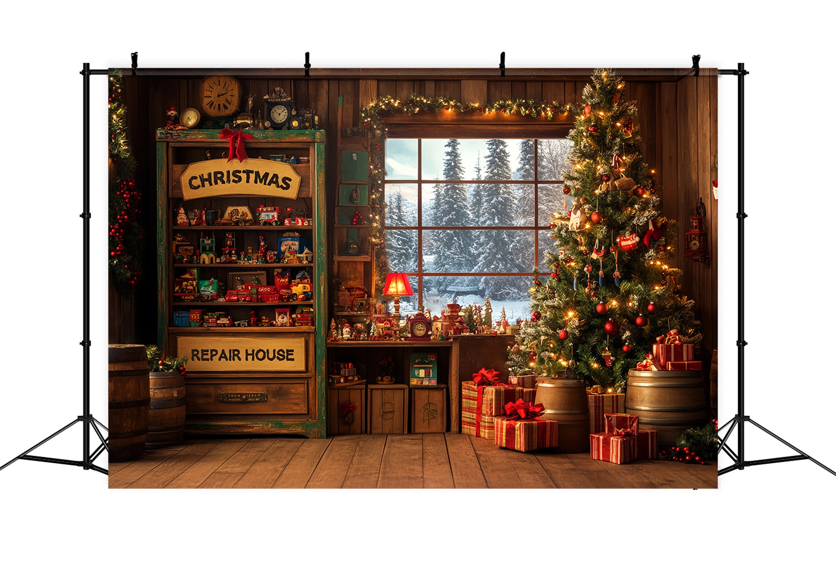 Candyland-Fotohintergrund Weihnachtsmann-Werkstatt Roter Eingang Weihnachtshintergrund für Fotos LXX59-165