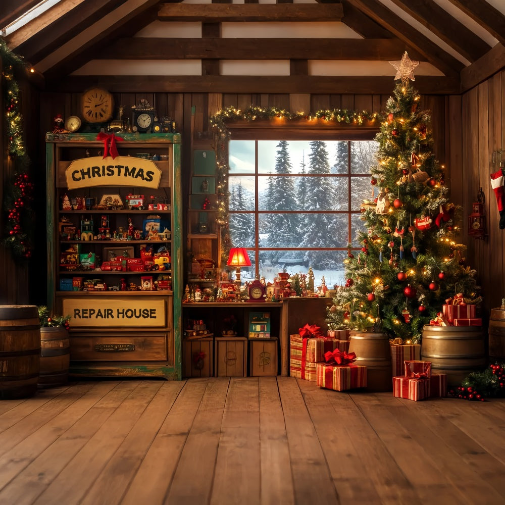 Candyland-Fotohintergrund Weihnachtsmann-Werkstatt Roter Eingang Weihnachtshintergrund für Fotos LXX59-165