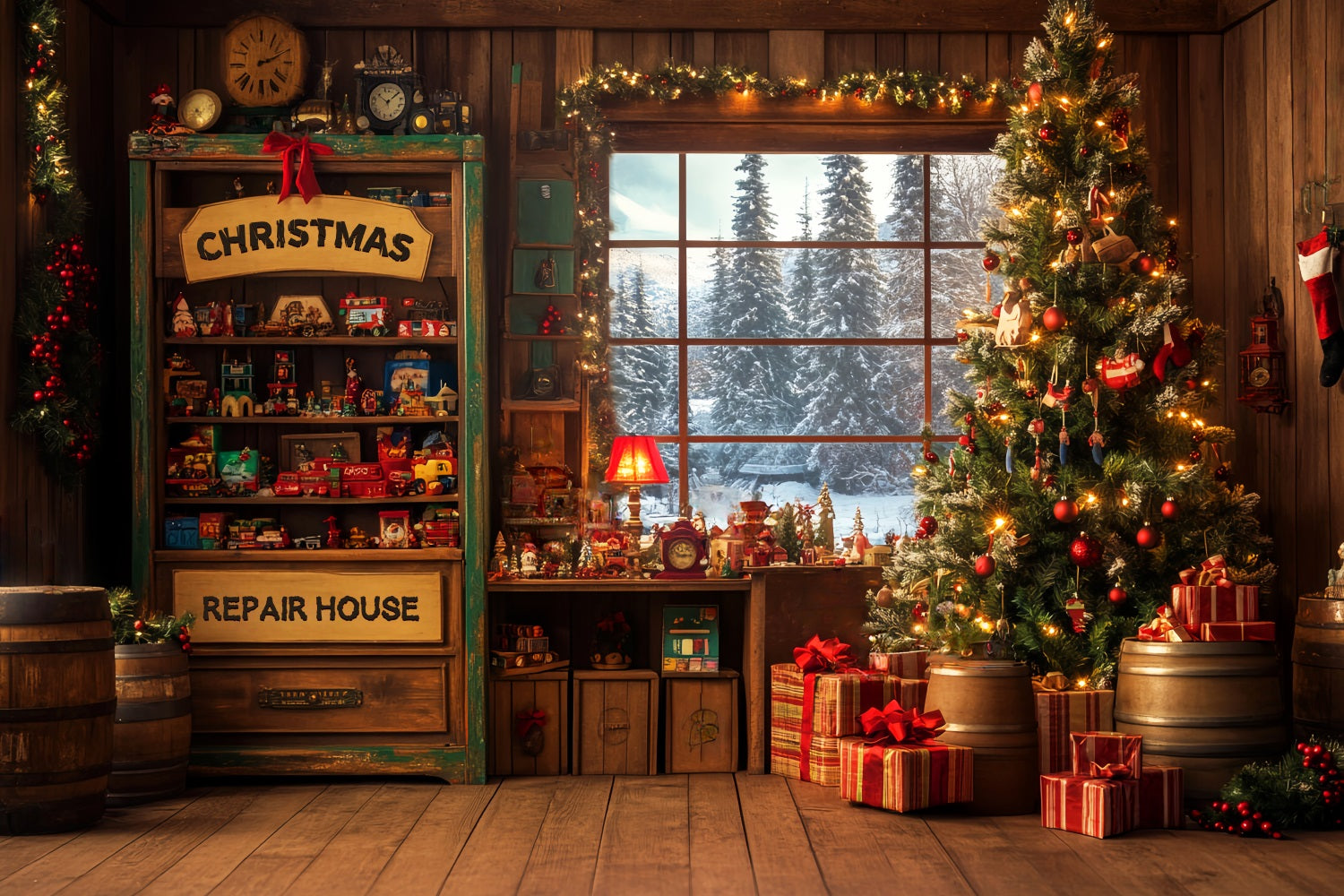 Candyland-Fotohintergrund Weihnachtsmann-Werkstatt Roter Eingang Weihnachtshintergrund für Fotos LXX59-165