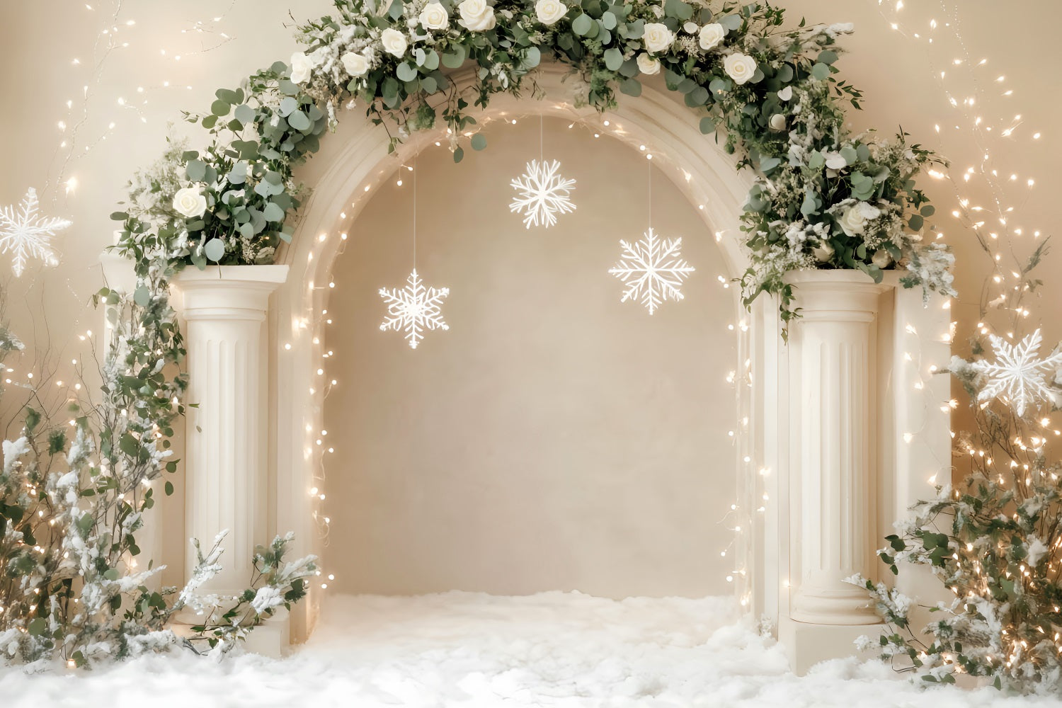 Weißer Weihnachtshintergrund Eleganter Bogen Schneeflocken Dekor Weihnachtswandhintergrund LXX59-168