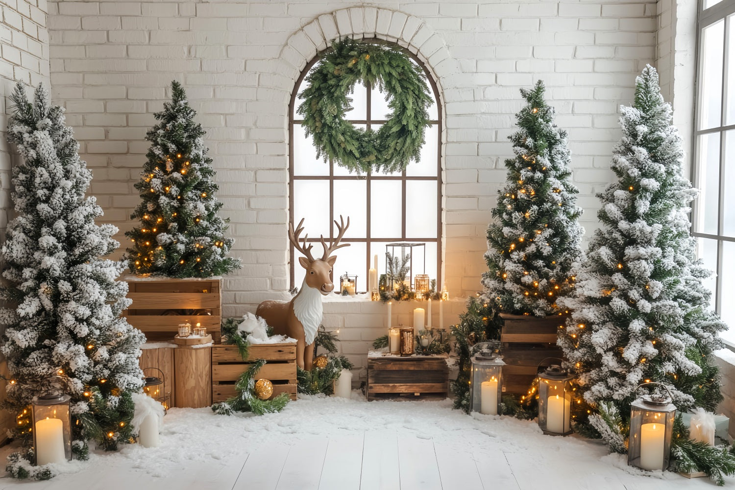 Weihnachtsbaumhintergrund Rustikale Rentiere Verschneite Kiefern Laternen Weihnachtshintergrund LXX59-170