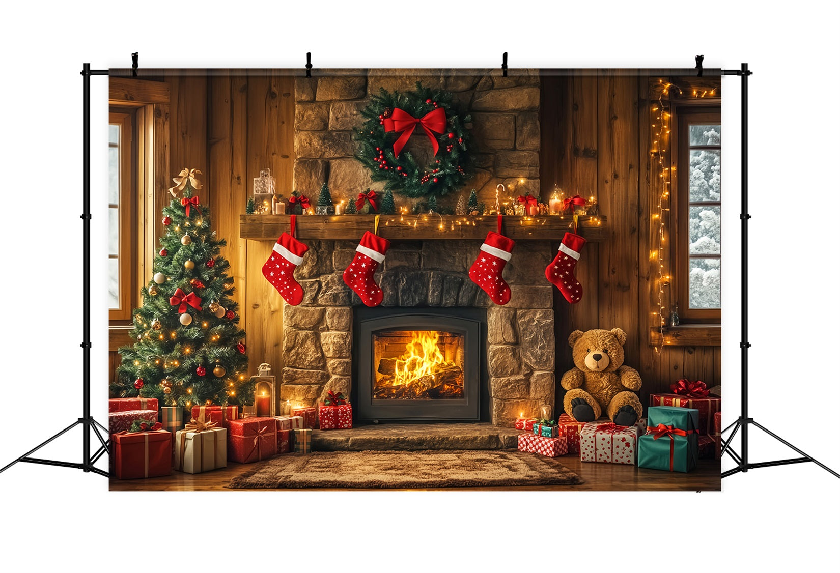 Weihnachts-Kamin-Fotohintergrund Strümpfe Girlande Weihnachtshintergrund für Fotos LXX59-173