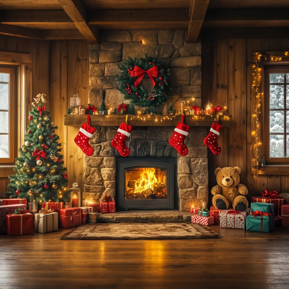 Weihnachts-Kamin-Fotohintergrund Strümpfe Girlande Weihnachtshintergrund für Fotos LXX59-173