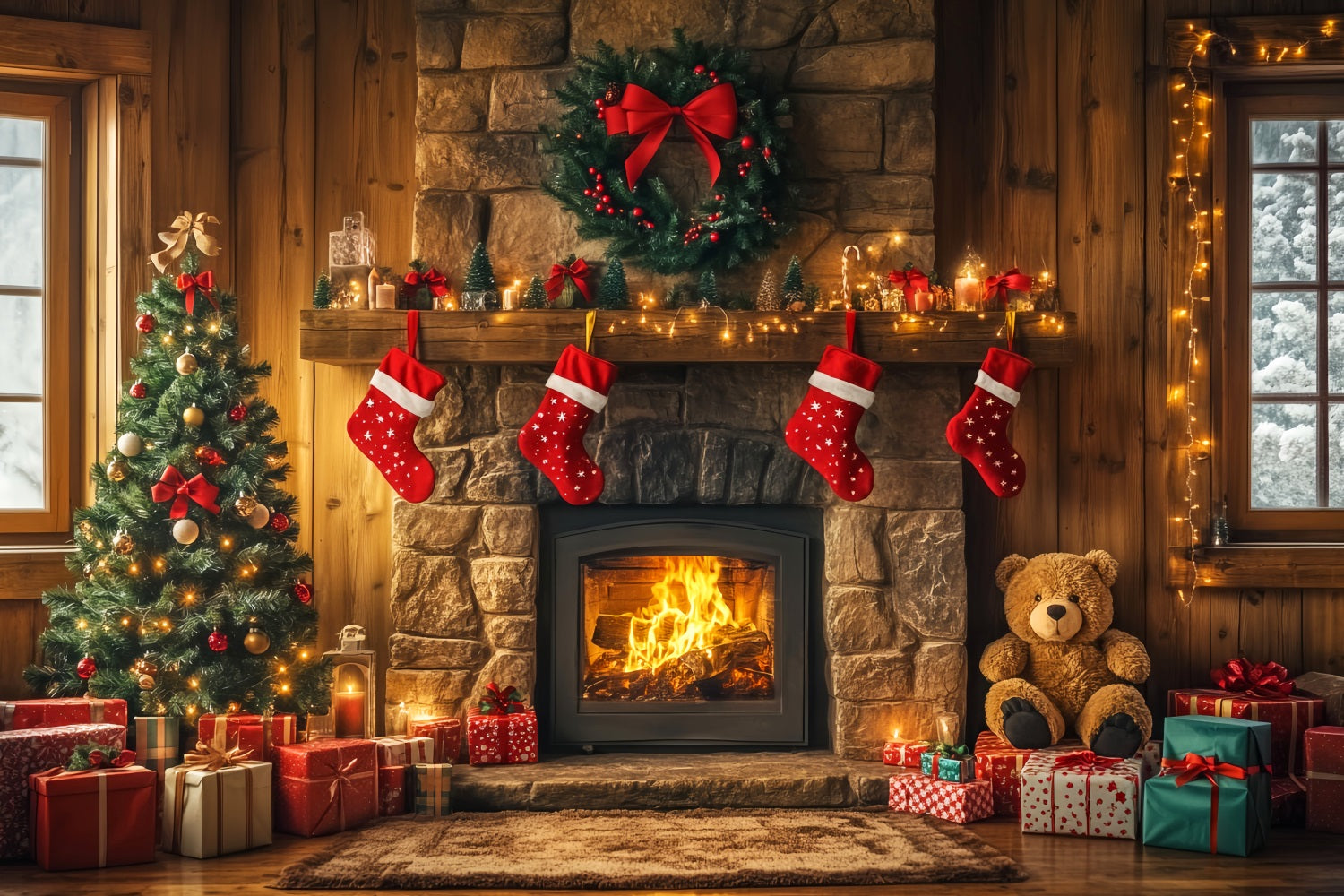 Weihnachts-Kamin-Fotohintergrund Strümpfe Girlande Weihnachtshintergrund für Fotos LXX59-173