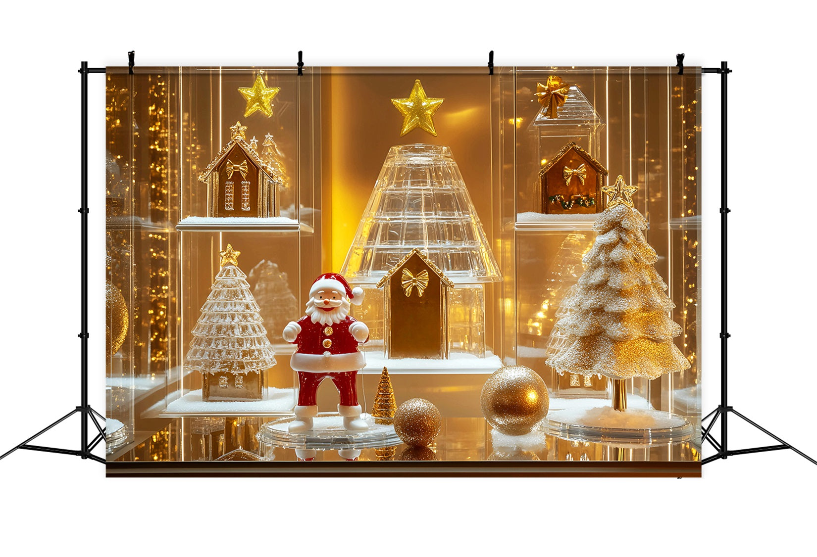 Lebkuchenhaus-Fotohintergrund Goldener Weihnachtsmann Glasvitrine Weihnachtshintergründe im Angebot LXX59-176
