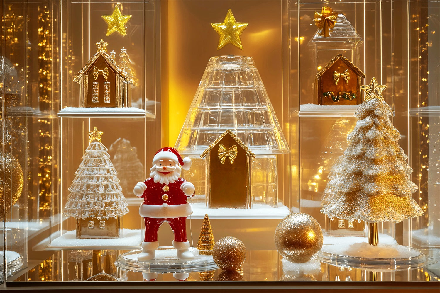 Lebkuchenhaus-Fotohintergrund Goldener Weihnachtsmann Glasvitrine Weihnachtshintergründe im Angebot LXX59-176
