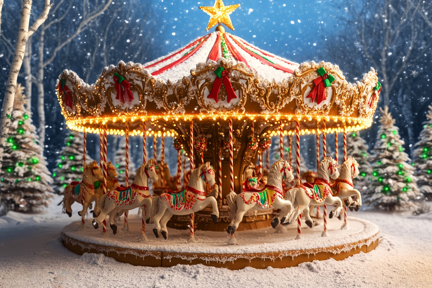 Lebkuchen-Fotohintergrund Verschneites Karussell Pferdeausritt Weihnachtsfotografie-Hintergründe LXX59-177