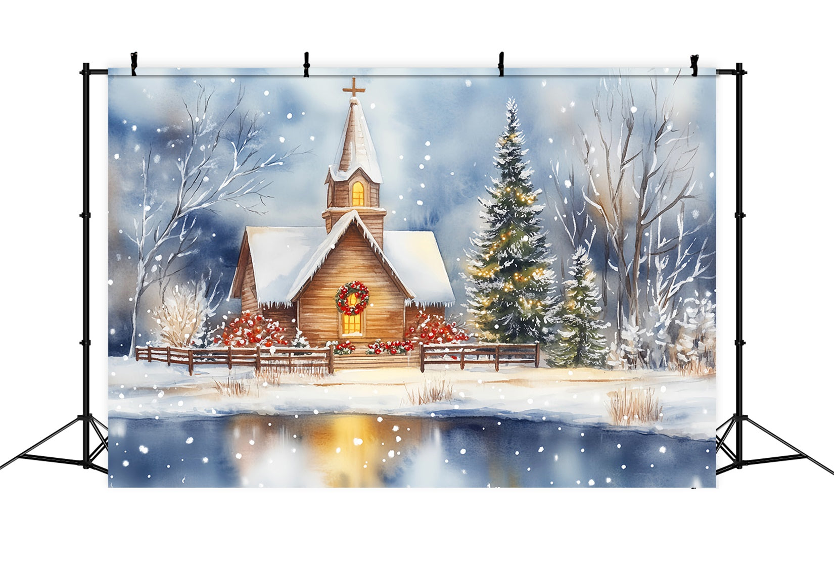 Weihnachts-Kirchenhintergrund Verschneite Kapelle Spiegelung am See Weihnachtshintergründe LXX59-185